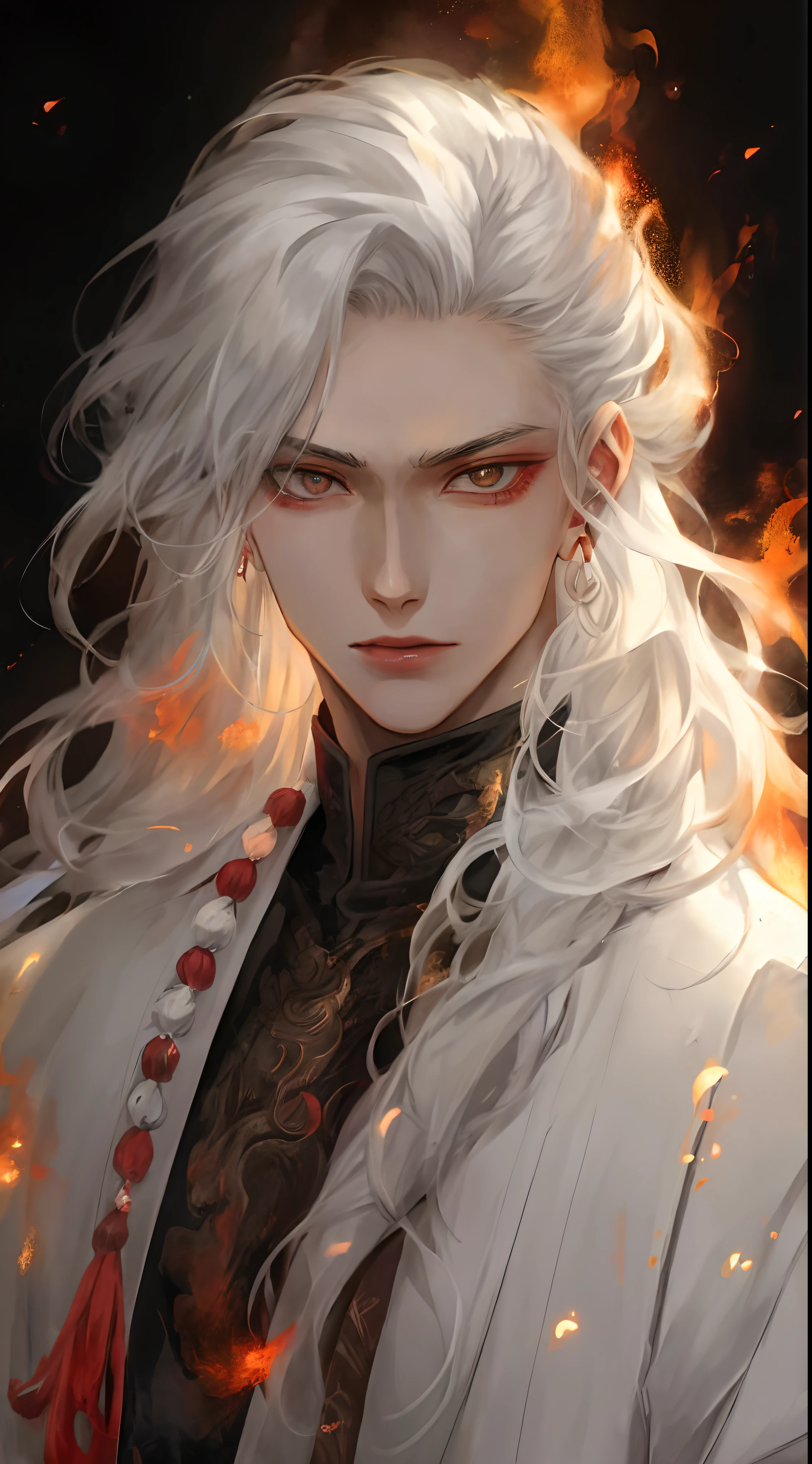 Un primer plano de una persona con el pelo largo y blanco y una chaqueta blanca, Chico guapo en el arte de Demon Slayer, Deidad de pelo blanco, por Yang J, con el pelo largo y blanco, ojos violetas. handsome japanese demon boy, pelo blanco, con pelo largo blanco, Hermoso dios masculino de la muerte, Loong, Hermosa pintura de personajes, fire behind him, beautiful androgynous prince, cano, rostro pacifico. Feliz. Tranquilo.