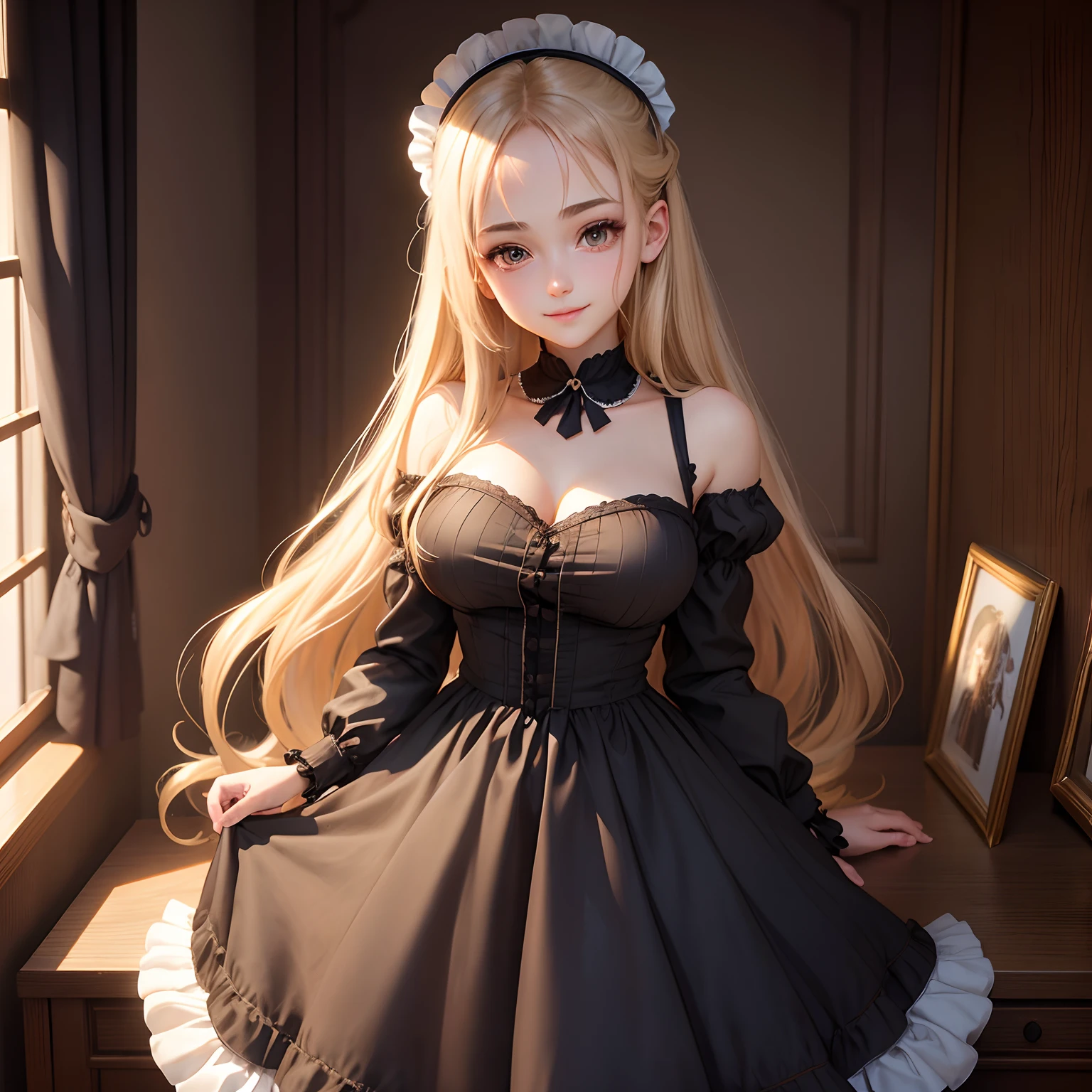 18 year old beautiful girl, big eyes, large breasts, petite and slender, 8K, top quality, (very detailed head: 1.0), (very detailed face: 1.0), (very detailed hair: 1.0), maid clothes, very detailed official artwork, anime moe art style, clean detailed anime art, smile, golden hair, smooth long hair