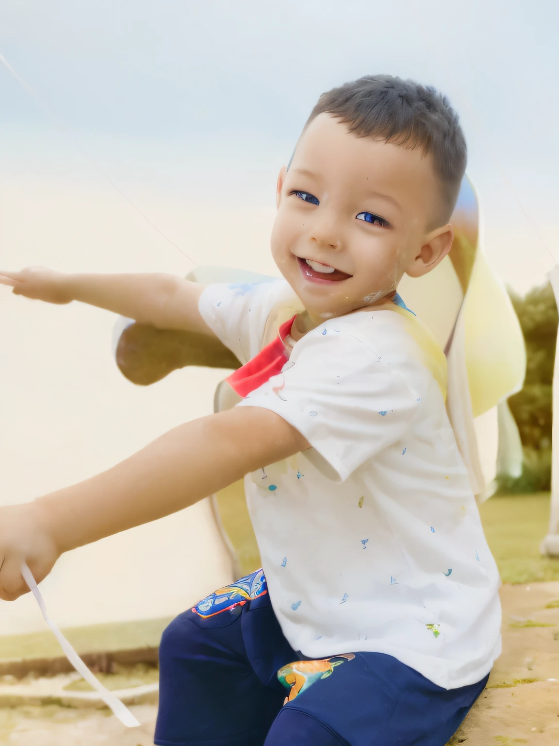 Boy celebrating with light blue pants with yellow stripe. Generate in Disney pixar
