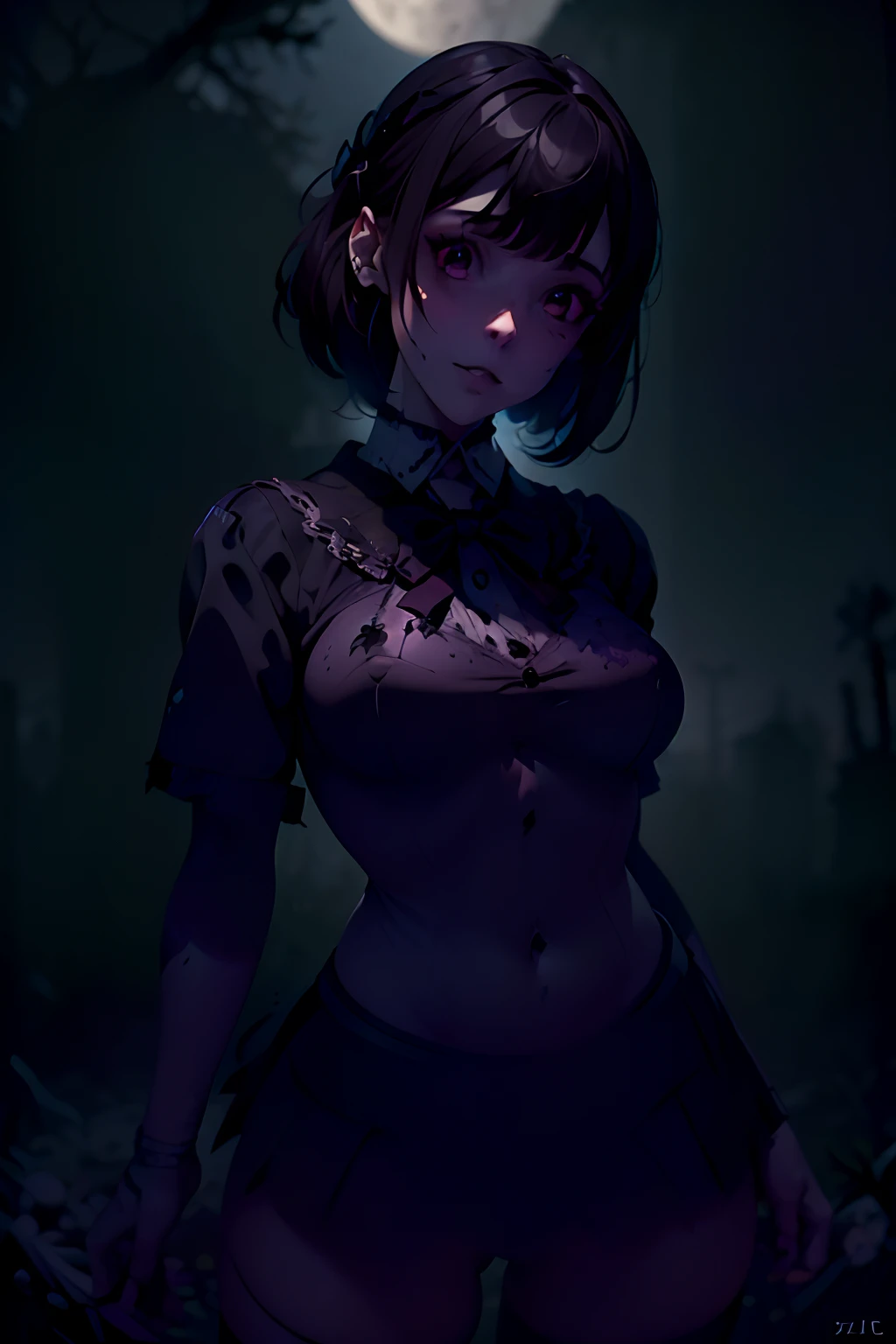 (best quality,4k,8k,highres,masterpiece:1.2),ultra-detailed,(realistic,photorealistic,photo-realistic:1.37),Living Dead girl,girl with pale skin and dark hair,beautiful detailed eyes, sailor-style school uniform, beautiful detailed lips,long eyelashes,zombie-like appearance,gory and decayed facial features,haunting expression,bloody tears,standing in a haunted graveyard,moonlight illuminating the scene,eerie atmosphere,vivid colors with a desaturated tone,horror movie lighting,creepy and dark shadows,rotting flowers and broken tombstones surrounding the girl,dramatic pose with outstretched arms and twisted body,swirling fog enveloping the graveyard,horror movie-inspired art style,gothic undertones,spooky and macabre elements,unsettling and chilling vibes.