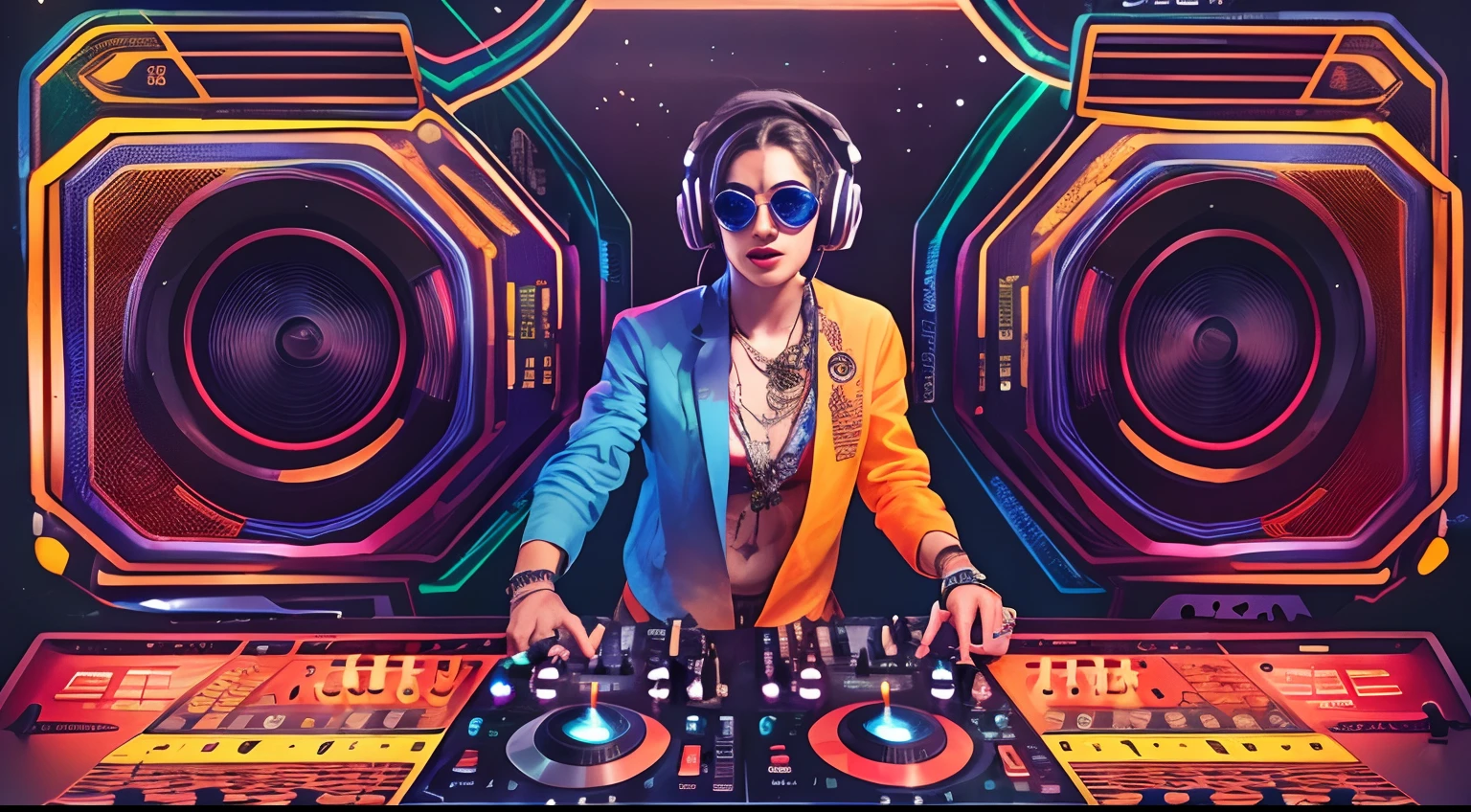 Female DJ, Colorful clothes , Quirky, Vibrant appearance, Playful accessories, Creative behavior, Imaginative, Sensual, Spontaneous, DJ headphones, Mixing Console, Music Clubs, night club, Independent cinema, People dancing on dance floor background, Underground danceclub, Highest quality, Skin texture, Intricate details, (Cinematic lighting), RAW photo, 8K,full body