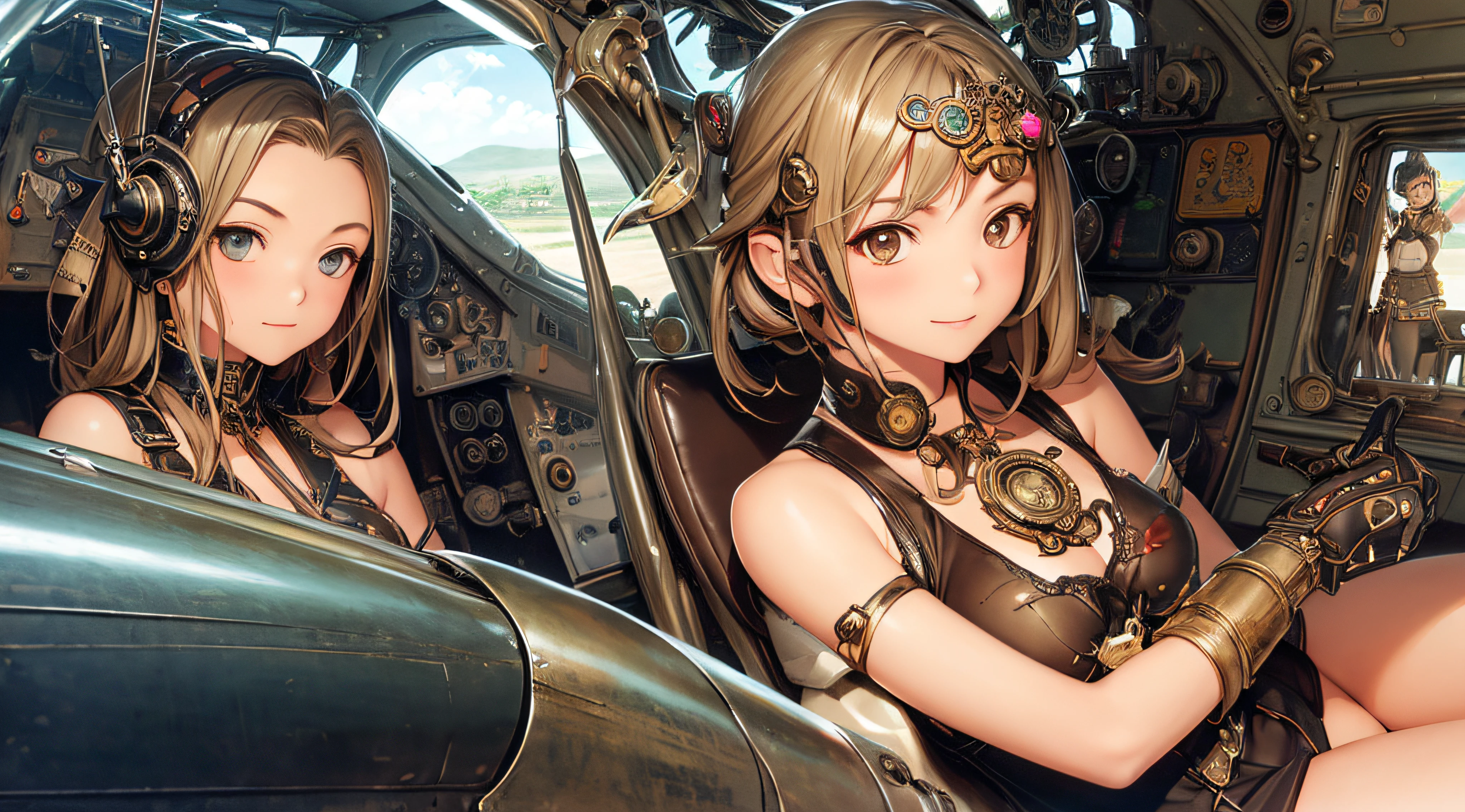 steampunk, two women, sitting in cockpit of world war 2 era fighter airplane, panties, (((Masterpiece))), ((((Best quality)))), (((Ultra-detailed))), (CG illustration), ((Extremely delicate and beautiful)),(Cute and delicate face),Cinematic light,smiling, (Character focus), rainbow highlights, (geometric:1.2), decorative head decorations, range murata, last exile anime style, hair decorations, cleavage