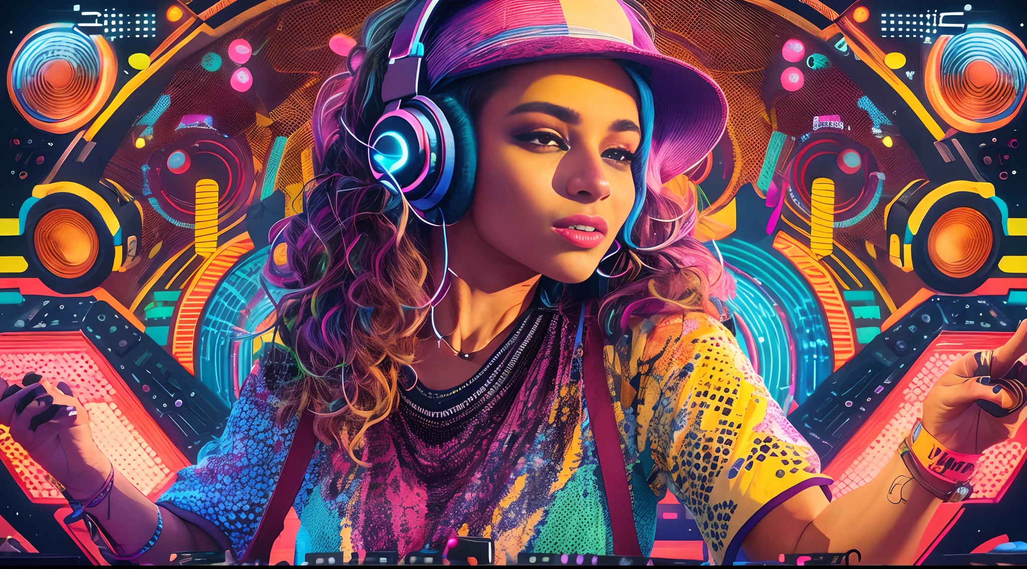 Upper body, Female DJ, Colorful clothes , Quirky, Vibrant appearance, Playful accessories, Creative behavior, Imaginative, Sensual, Spontaneous, DJ headphones, Mixing Console, Music Clubs, night club, Independent cinema, People dancing on dance floor background, Underground danceclub, Highest quality, Skin texture, Intricate details, (Cinematic lighting), RAW photo, 8K