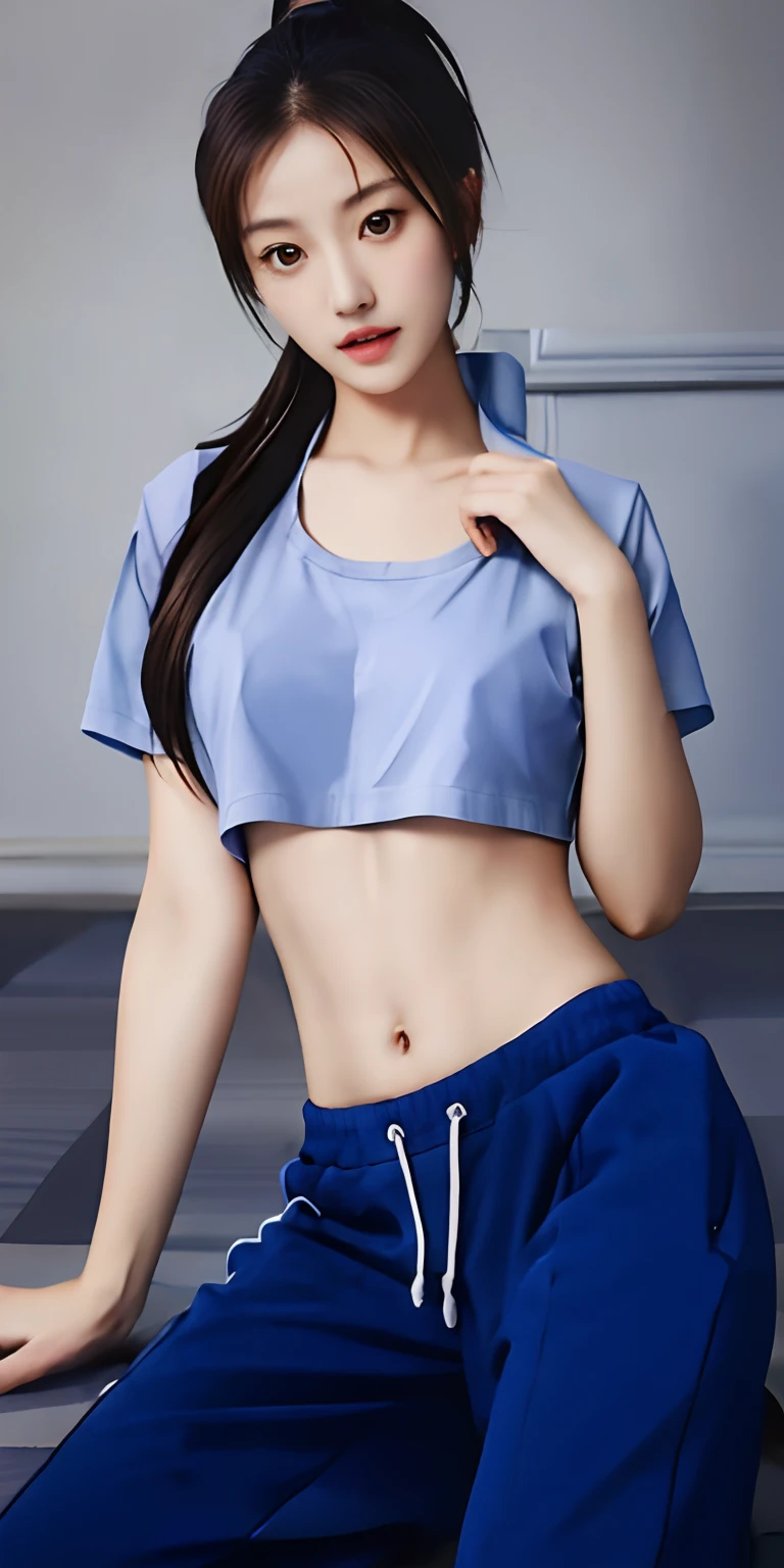 1girls, (Short blue shirt,Naked stomach,Extra clothing, Blue sweatpants),brunette hair,Ponytail, gray eyes., Floor sitting, detailed face, detailed eyes, enormous breasts,One arm up, oily shiny skin, looking at the audience, (10, RAW photo, bestquality, masterpiece: 1.2), (Realistic, Realistic: 1.37), ultra-high resolution,Gym Wear