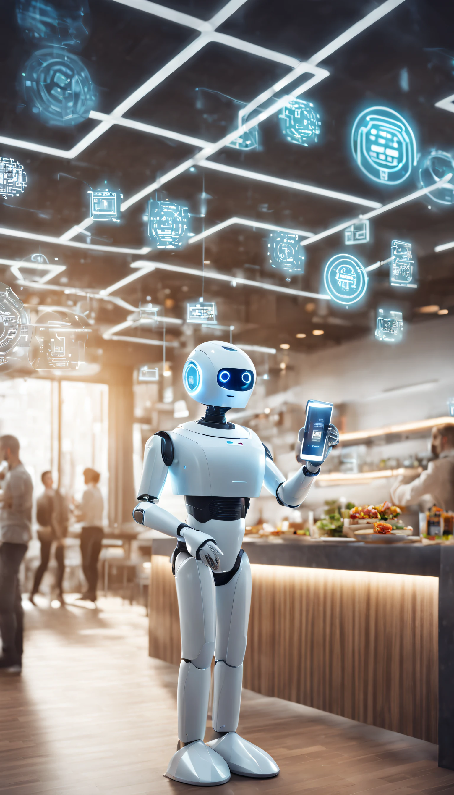 Smart restaurant interior, Robots delivering food, The customer smiles, Advanced technology, Hologram projection, QR code scan order, Big data analytics, Innovative solutions,