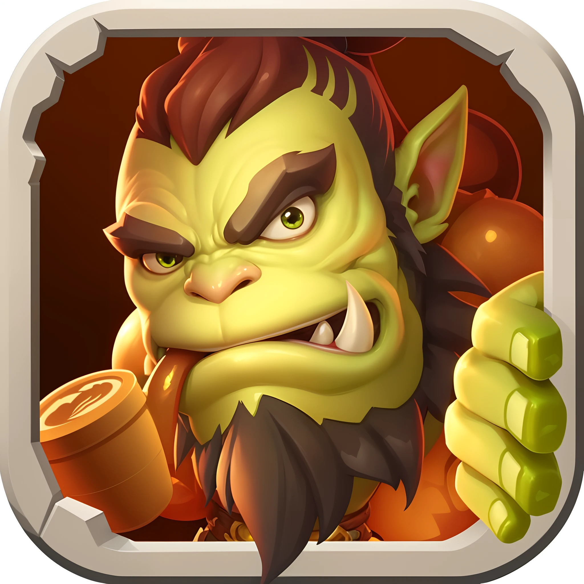 Close-up of cartoon character holding a cup of coffee, epic legends game icon, goblin, grog strongjaw, World at war, mobile game style, Dungeon draft, drak fantasy goblin, goblin art, portrait shooting, 3 d icon for mobile game, fishing, Leprechauns and trolls, in style of wold of warcraft