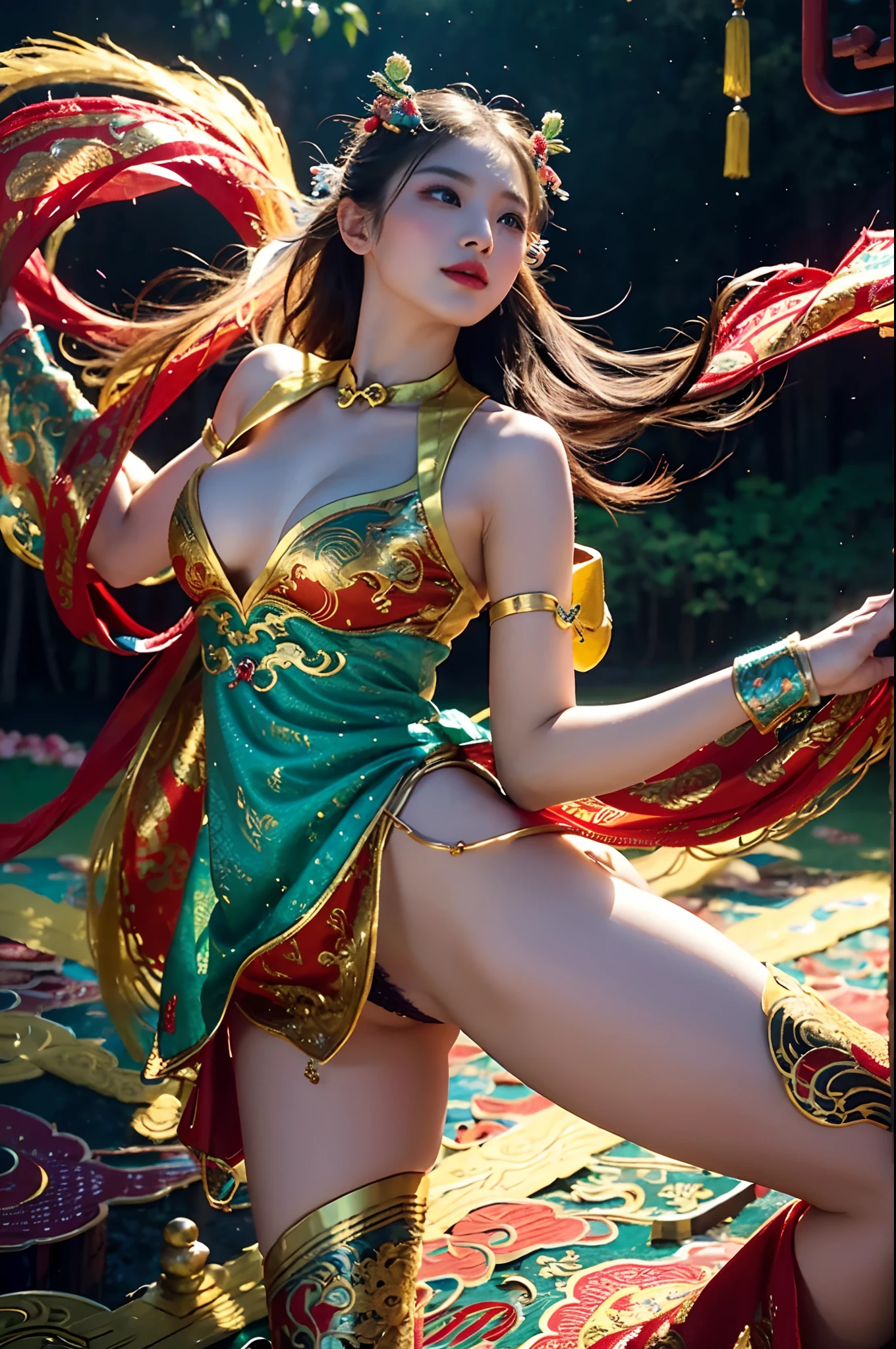 Detailed eyes, detailed lips, beautiful girl, vibrant colors, playful interaction, magical atmosphere, Chinese cultural elements, traditional costume, graceful movements, joyful expressions, mythical creature, cultural fusion, enchanting landscape, friendly and lively dragon, intricate details, masterful brushwork, dynamic composition, captivating storytelling, vivid imagination, dreamlike quality, rich symbolism, harmonious connection, magical friendship