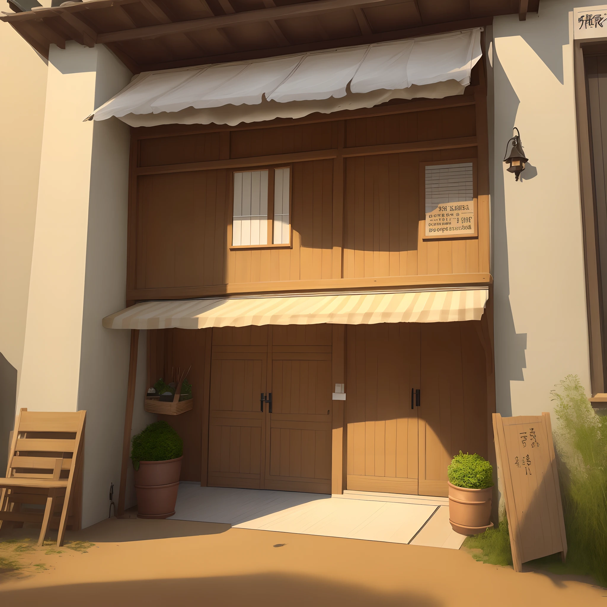 A ground floor shop,It is a narrow two-door door,There is a canopy on top,The canopy was covered with straw,There is a lamp under the straw,The entire door is covered by shutters,