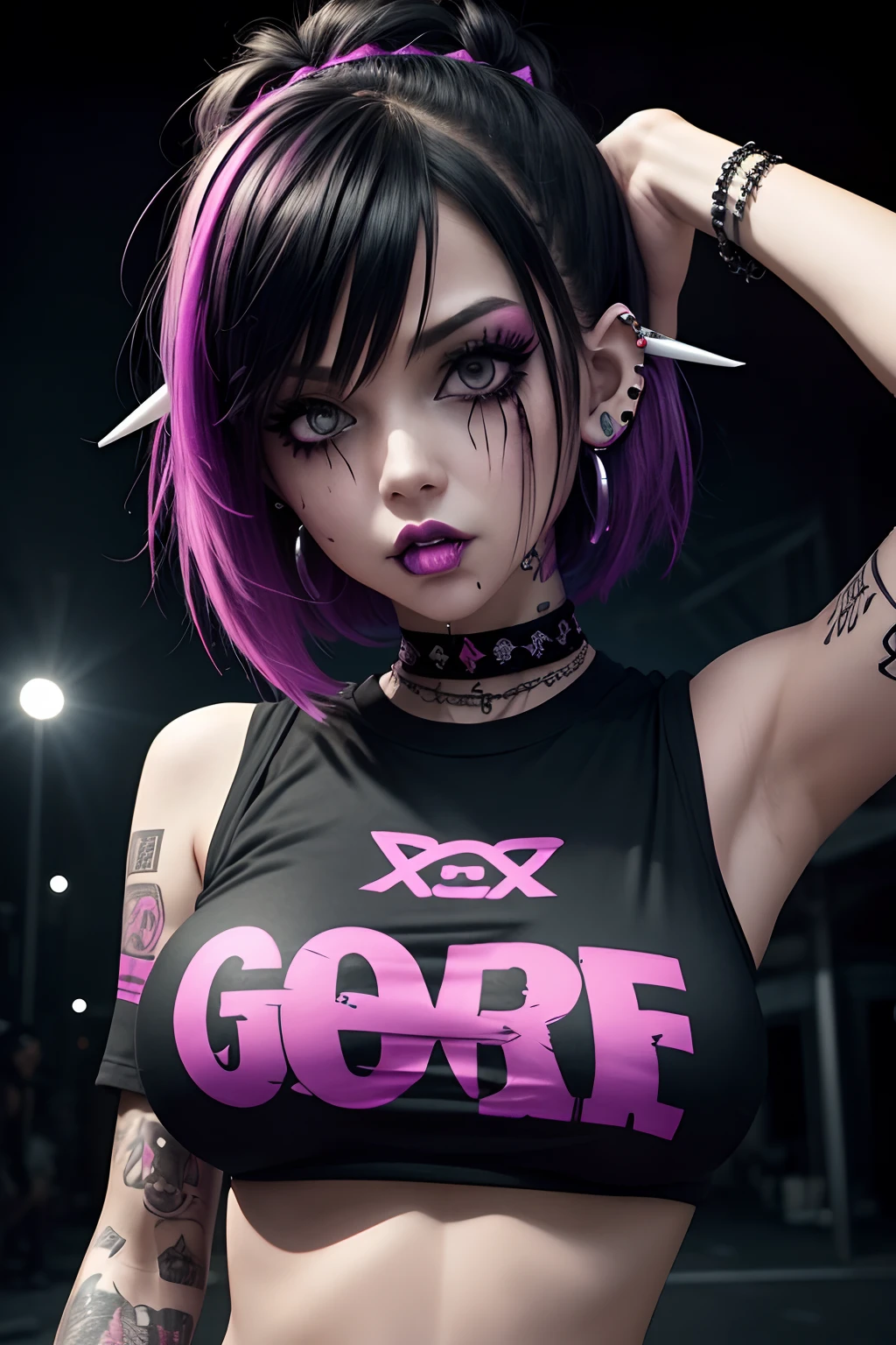 <lora:sceneemoaesthetic:0.5>, beautiful scene woman, black tank top, dyed hair, dyed hair, emo makeup, masterpiece, high resolution, hd, 8k, shallow depth of field, <lora:more_details:0.5>