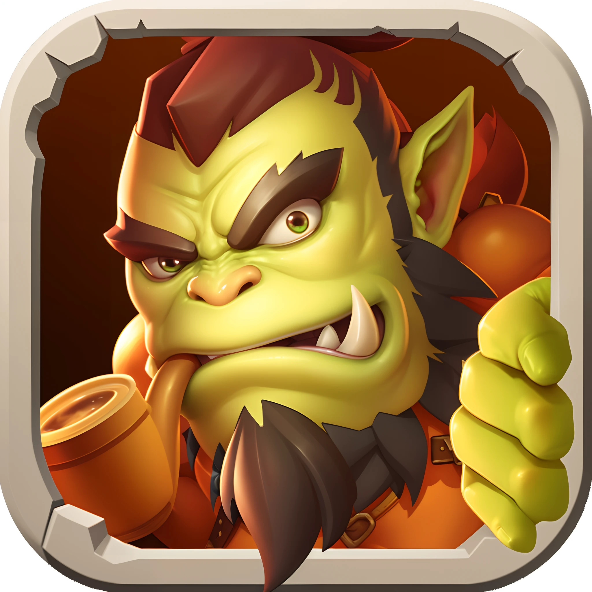 Close-up of cartoon character holding a cup of coffee, epic legends game icon, goblin, grog strongjaw, World at war, mobile game style, Dungeon draft, drak fantasy goblin, goblin art, portrait shooting, 3 d icon for mobile game, fishing, Leprechauns and trolls, in style of wold of warcraft