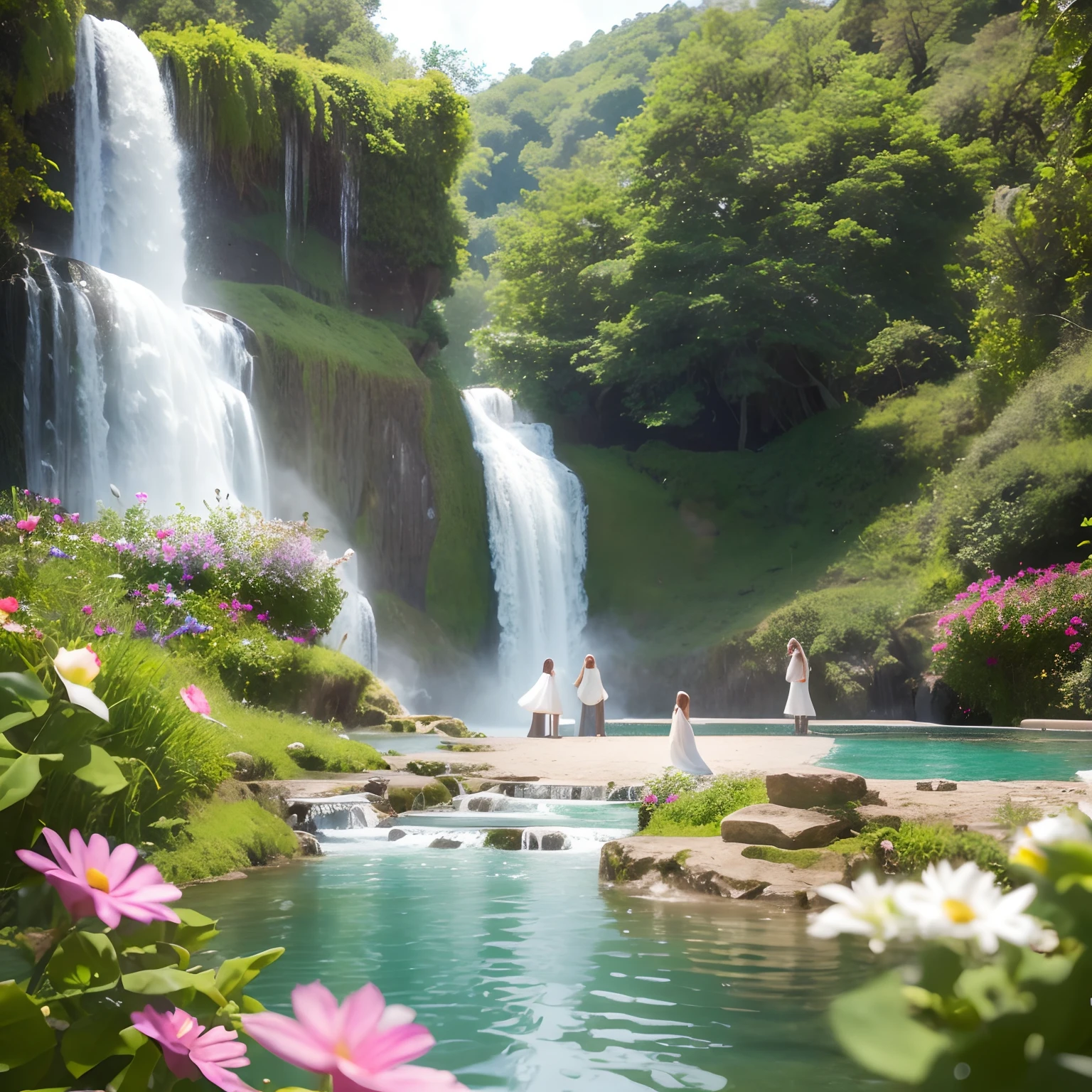 7 angels,Facing front, wearing a nice dress, 8k, Bokeh, realistic, in a paradise garden with a waterfall view