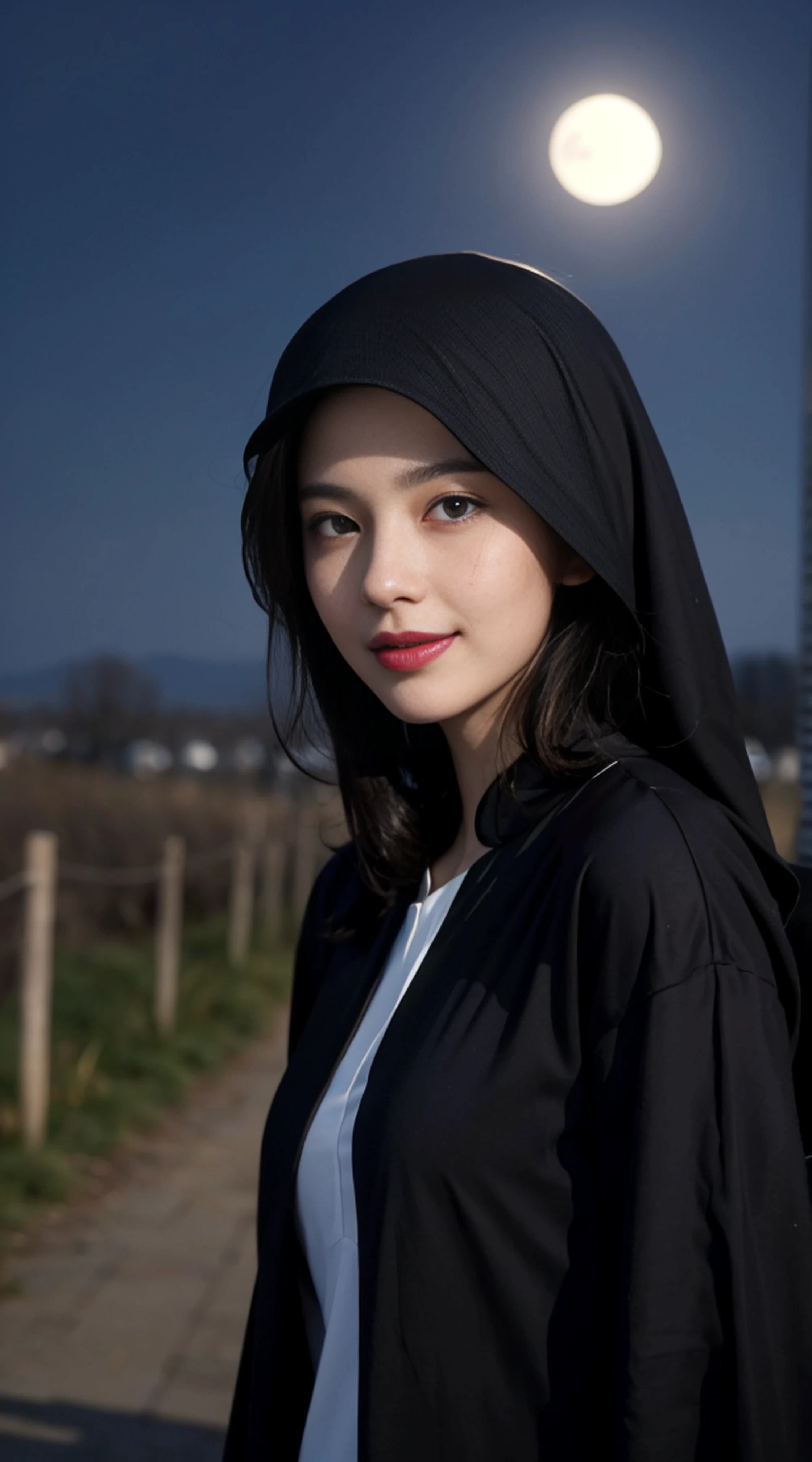 8K, Top Quality, Intricate Details, Ultra Detail, Ultra High Resolution, Masterpiece, random angle, Slender, Smile, (Makeup: 0.4), (Fluffy Blue Eyes: 1.21), blue Eyes, looking at viewer, ((full body)), 1girl, solo, 1 girl, (( full body)), close up shot, , ((tall)), (((fit body))), (((slim face))), sharp face, sharp eyes, (((black hair, long hair, )) , (detailed face), sharp face, small lips, windy ,
(( )), (abaya)), detailed face, detailed breast, , large breast, detail ass, , Beautiful girl with accentuated slender abs: 1.4, Six Pack Abs: 1.4, Bust Botox, Big, Perfect Body, detail leg, (( moonlight)), top of mountain