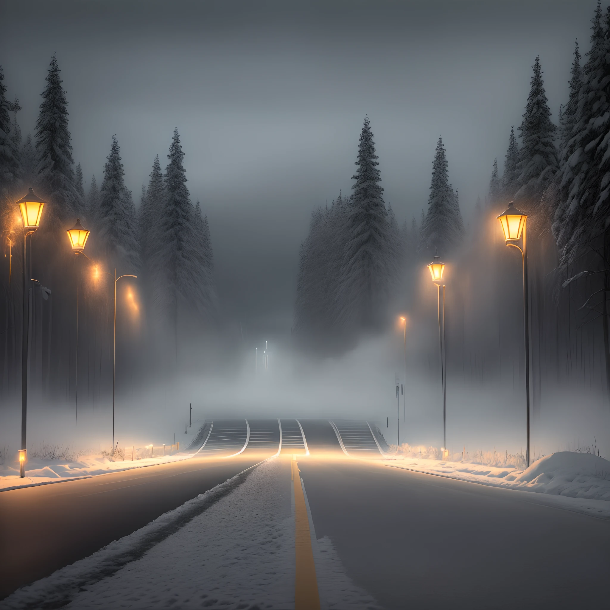 A road with intense fog intense snow storm traditional 90's lamp on the roadside glowing out brightly liminal space vibes hyper realistic ultra hd highly detailed Night time pitch black skies no human population
