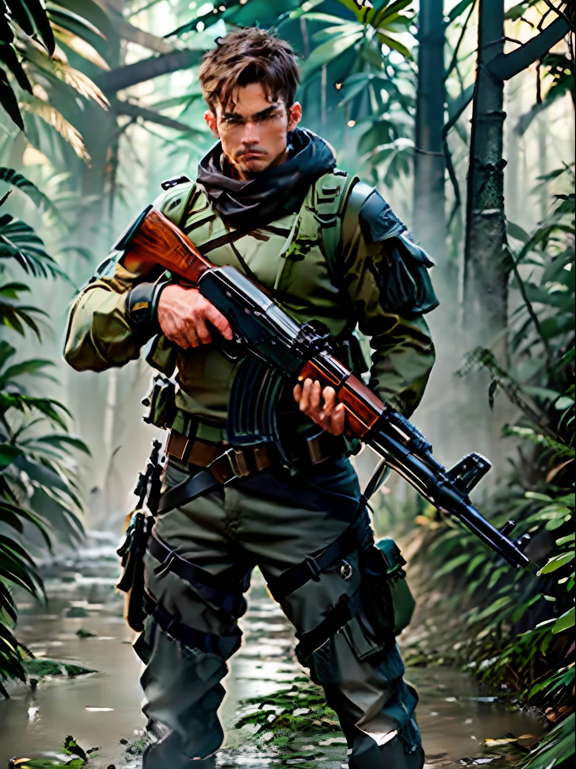 1man, male focus, deep brown hair, short hair, hazel eyes, brown t-shirt, brown cargo pants, black boots, shoulder holster, kalashnikov_rifle, holding gun, full body shot, jungle, explorer, treasure hunter, grappling hook, adventure atmosphere, cowboy shot, masterpiece, best quality, waterfall, perfect hands