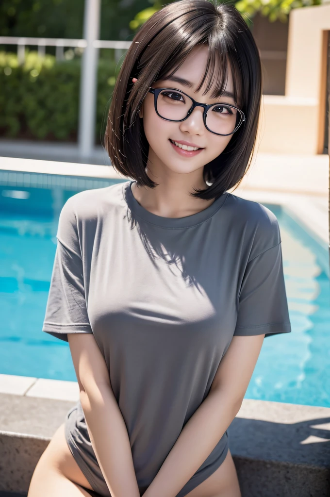 8K, Raw photo, Best Quality, ultra-detailliert, Ultra High Resolution, Realistic, photographrealistic, high-definition RAW color photography, professional photograpy, Extremely detailed, 8K Wallpaper, amazing, finely detail, Huge file size, extra detailed face, extremely detailed eye, highlydetailed skin, extremely detailed fingers, highly detailed nose, highly detail mouth, Perfect Anatomy, Highly detailed background, ((japanaese girl)), Realistic body, Good figure, Black hair, bob cuts, Cute face, Photography, (Happy smile), Perfect Skin, Perfect Anatomy, glasses, ((gray large t-shirt)), (pool), (morning), (high-angle shot),