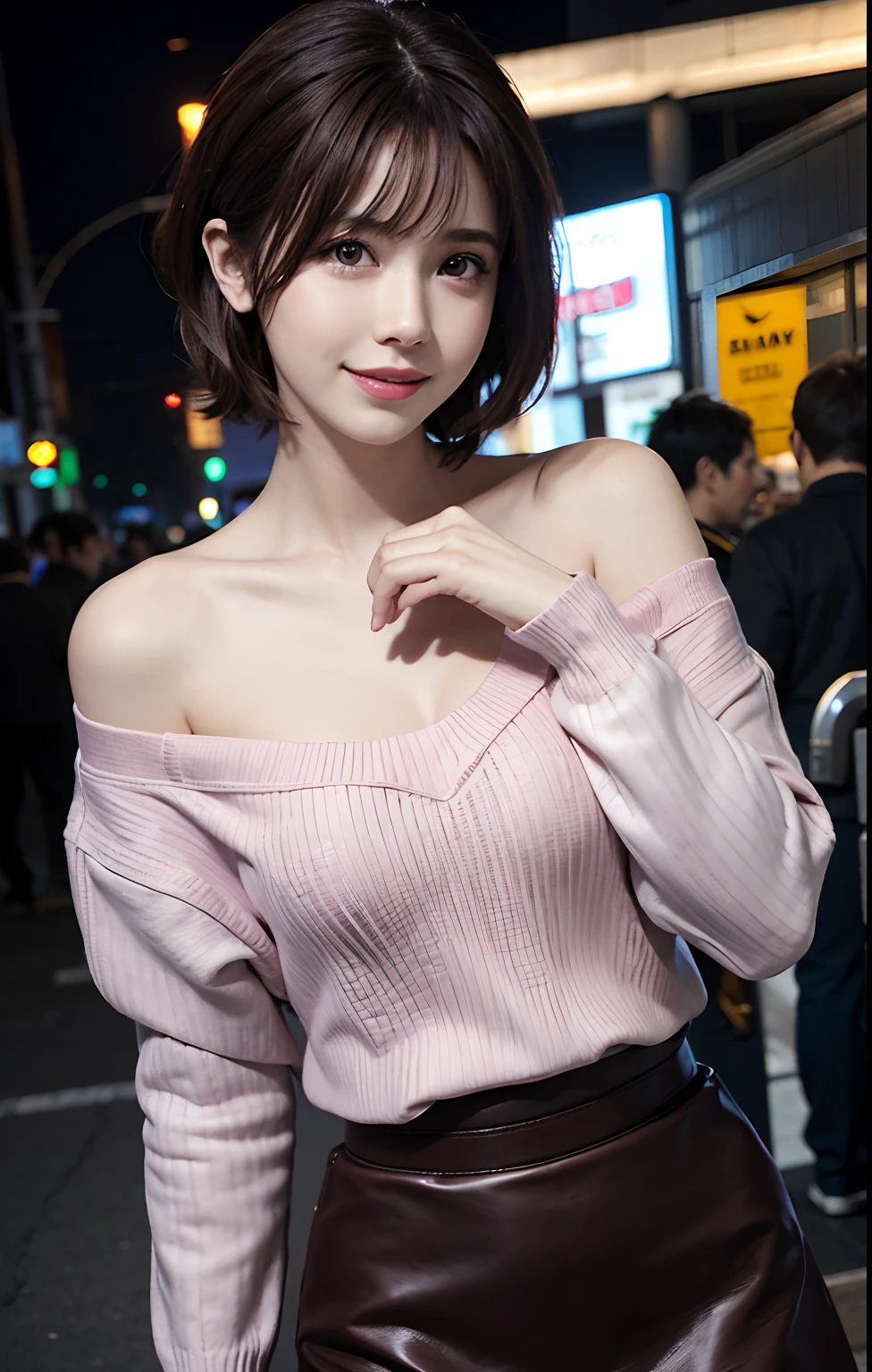 ((((medium hair)))), ((((brown hair)))), best quality, 8K, HDR, highres, absurdres:1.2, blurry background, bokeh:1.2, Photography, (RAW photo:1.2), (photorealistic:1.4), (masterpiece:1.3), (intricate details:1.2), 1girl, solo, japanese girl, delicate, beautiful detailed, (detailed eyes), (detailed facial features), petite, beautiful and clear eyes, detail eye pupil, (((medium breasts))), skin tight, (looking_at_viewer), from_front, (skinny), (best quality:1.4), (ultra highres:1.2), cinema light, (extreme detailed illustration), (lipgloss, best quality, ultra highres, depth of field, caustics, Broad lighting, natural shading, 85mm, f/1.4, ISO 200, 1/160s:0.75),1girl, solo, ((smile)), (((slim body))), (ulzzang-6500-v1.1:0.5), upper body,  (((pink sweater, bare shoulders, brown leather skirt))),  standing,(pureerosface_v1:0.5), Tokyo street,night, cityscape,city lights, close up ,