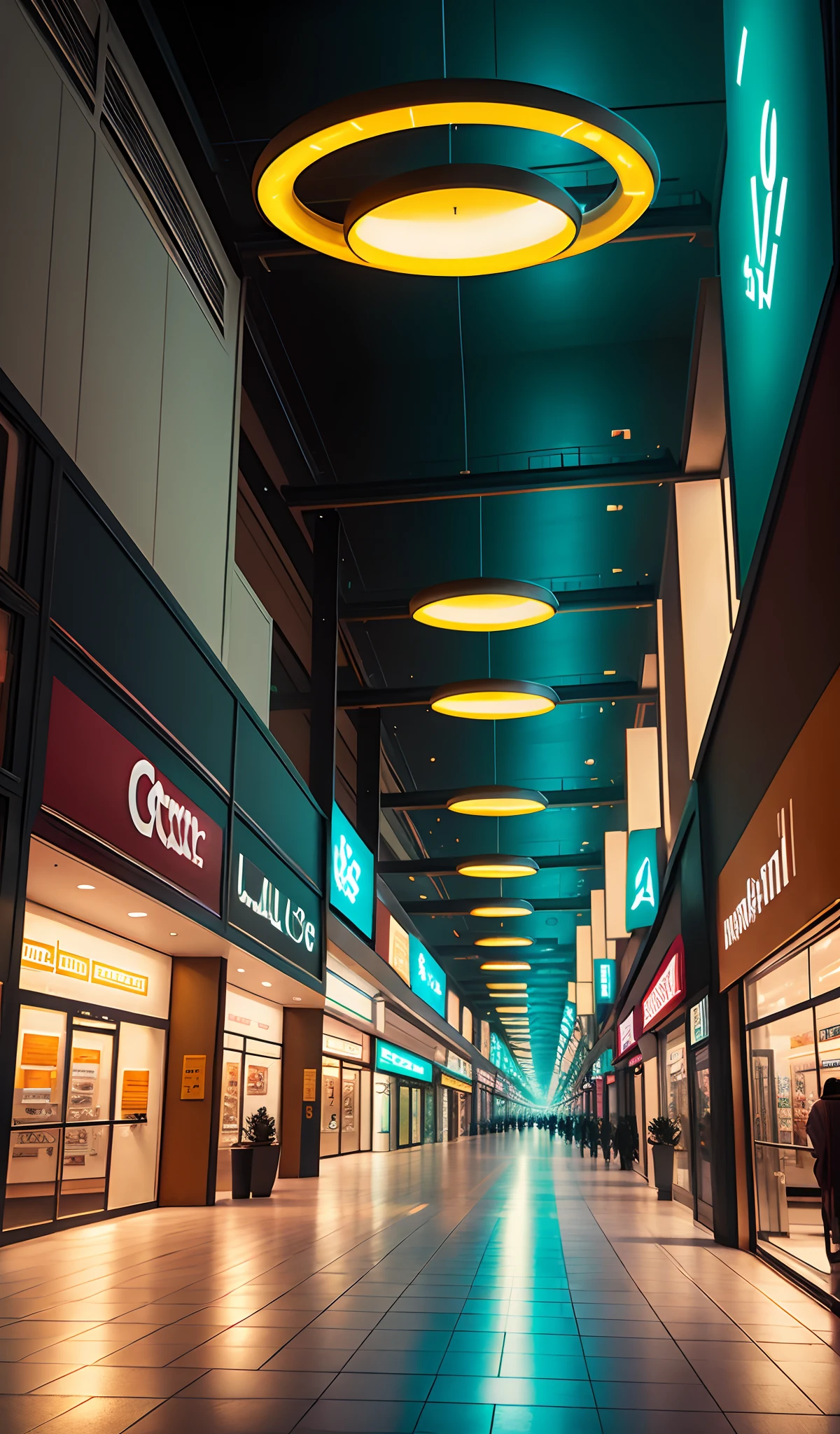 Mall ultra hd no human population abandoned lights glowing out bright all shops open