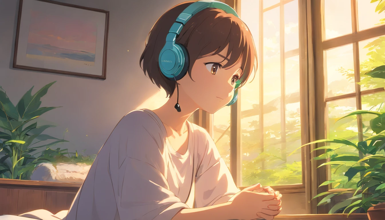Girl wearing headphones, Meditating, Open Window, Bedroom, tranquil ambiance, Soft sunlight, Cozy atmosphere, Relaxing music, Serene expression, Closed eyes, comfortable seating, wooden floor, floral curtains, Green plants, Natural breeze, Calm atmosphere, the soft light, serene environment, stillness, Harmony, inner peace, deep relaxation, Soothing colors, positive energy, Mindfulness, Solitude, introspective, The inner journey, peacful, Escape the outside world