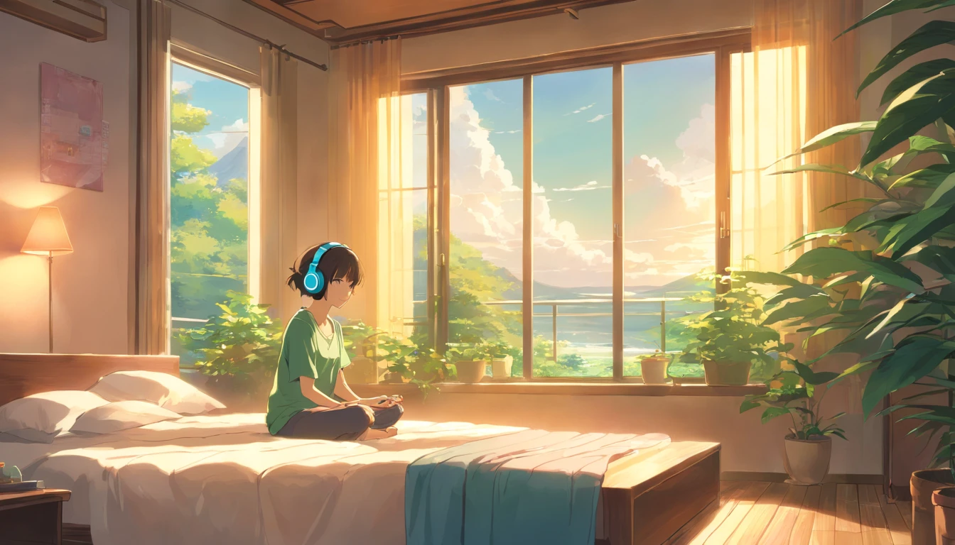 Girl wearing headphones, Meditating, Open Window, Bedroom, tranquil ambiance, Soft sunlight, Cozy atmosphere, Relaxing music, Serene expression, Closed eyes, comfortable seating, wooden floor, floral curtains, Green plants, Natural breeze, Calm atmosphere, the soft light, serene environment, stillness, Harmony, inner peace, deep relaxation, Soothing colors, positive energy, Mindfulness, Solitude, introspective, The inner journey, peacful, Escape the outside world