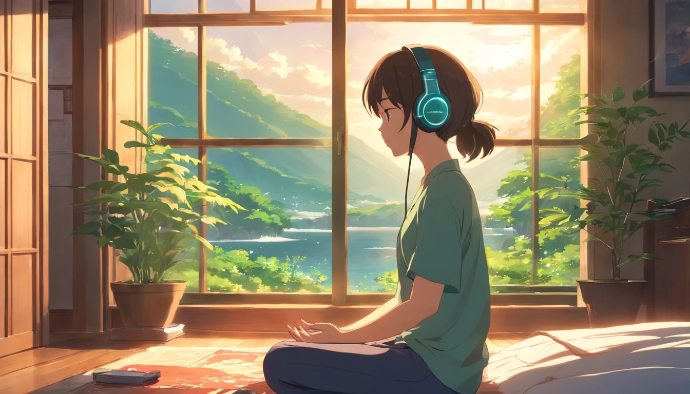 Girl wearing headphones, Meditating, Open Window, Bedroom, tranquil ambiance, Soft sunlight, Cozy atmosphere, Relaxing music, Serene expression, Closed eyes, comfortable seating, wooden floor, floral curtains, Green plants, Natural breeze, Calm atmosphere, the soft light, serene environment, stillness, Harmony, inner peace, deep relaxation, Soothing colors, positive energy, Mindfulness, Solitude, introspective, The inner journey, peacful, Escape the outside world