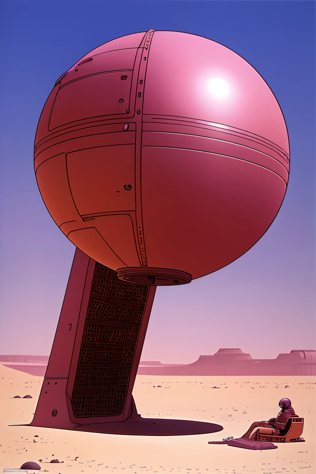 Mechanical sphere floating in pink desert,Science fiction in the 1970s,illustratio/moebius