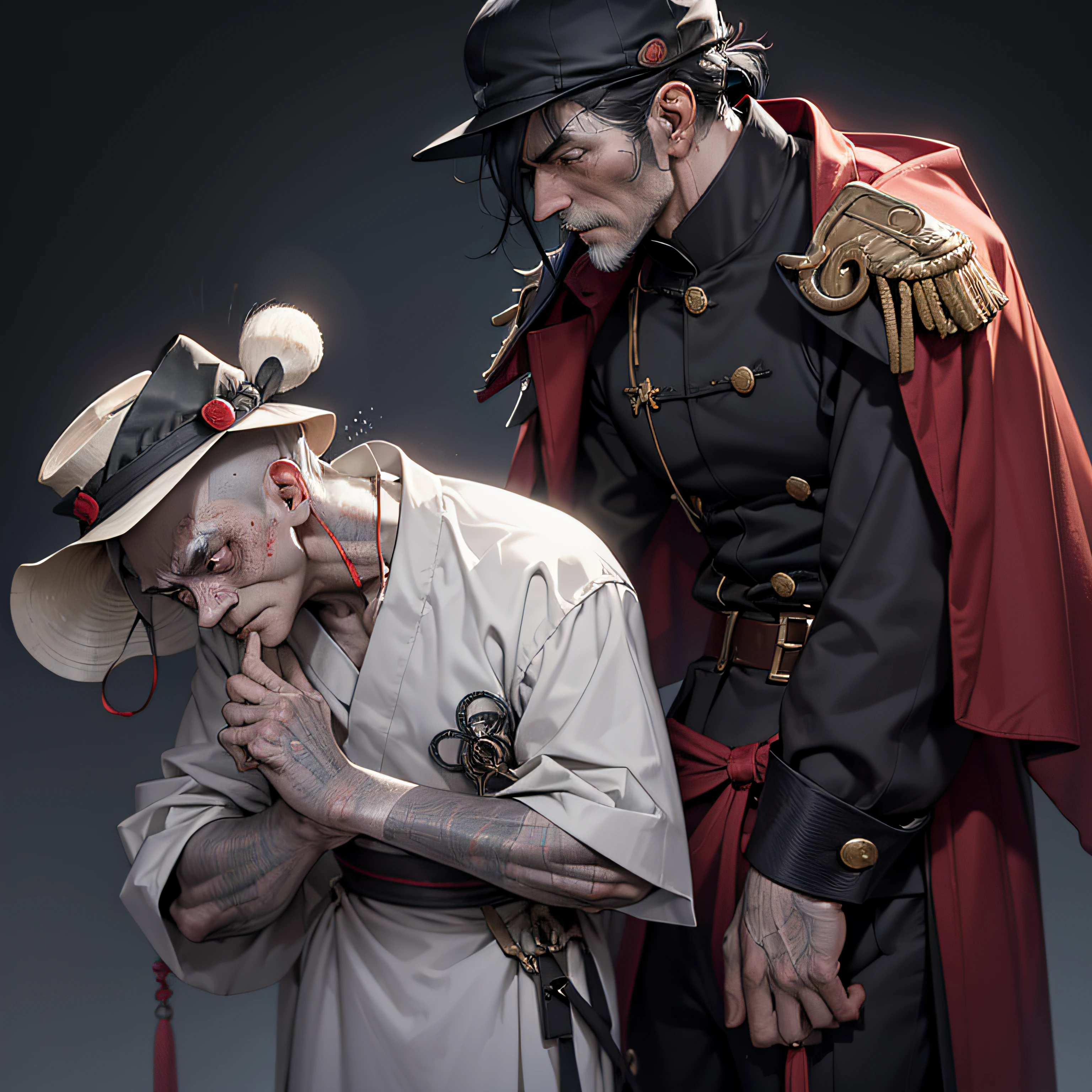 the night，Skinny middle-aged man in Chinese cloak，Slightly shorter stature，Cracking of the skin，Zombie skins，Dry and thin，The expression is fierce，bucket-hat，seen from the side，battlefiled，Fought with French soldiers，French soldiers in World War II，rifles，super-fine，hyper HD