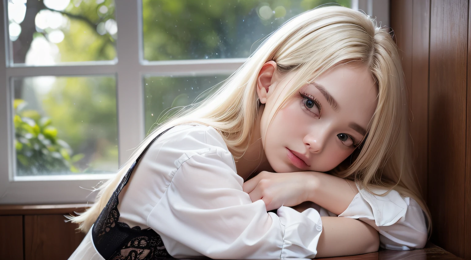 (sleeping posture)、(One girl)、House in the forest、View from outside the window、(Downcast eyes:1.5)、Raw photography、(((Portrait of extreme beauty) ))、The upper part of the body、((Glossy glossy skin))、20 year old cute beauty、((Glossy bright platinum blonde) )、((masterpiece、top-quality、ultra-detailliert、A light、intricate-detail、hight resolution、8K、ighly detailed))、细致背景、8K UHD、hightquality、Shallow depth of field、natural soft light、(perfect hand)、Puritanism