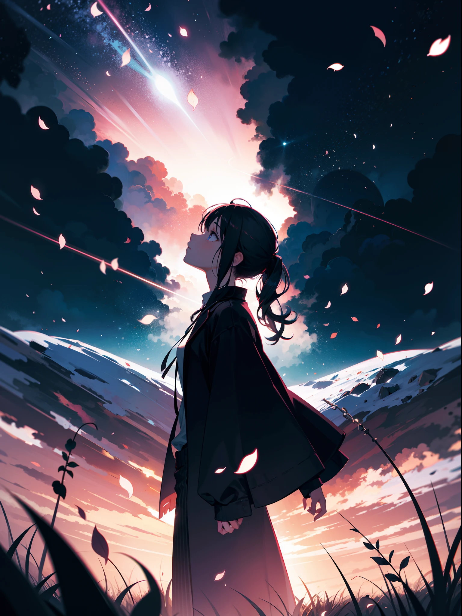 1girl, (from side), (silhouette:1.2), profile, masterpiece, best quality, light particle, depth of field, field, scenery, fantasy, marroon light, (far away:1.1), pastel colors, chromatic aberration abuse, glow in the dark dark, cloudy sky, space, black aura, aura, cinematic, dark atmosphere, night, dark hole, glowing eyes, pink light, illumination, light rays, eye in the sky, (grass:0.9), falling petals