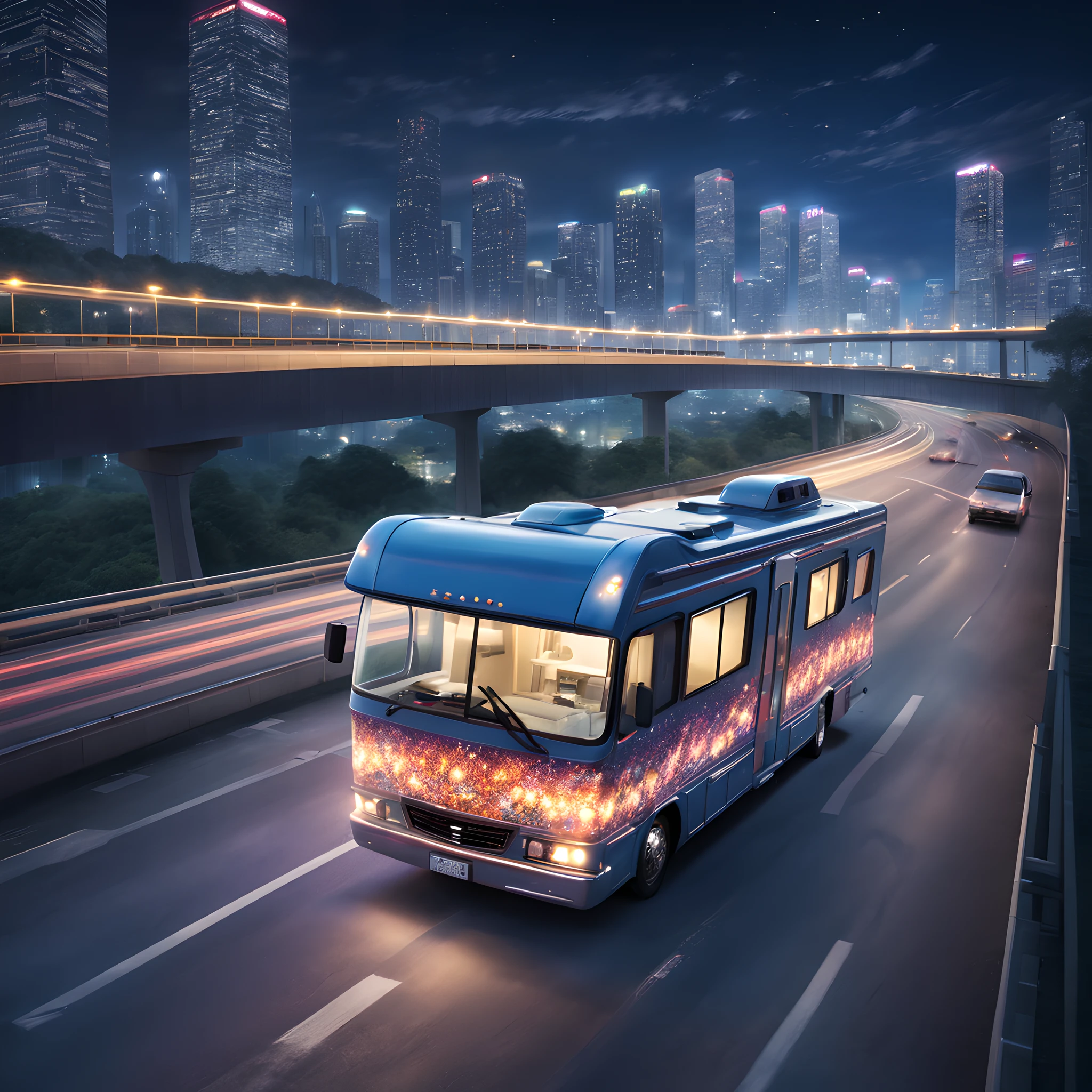 composition: "With the night view of the Metropolitan Expressway in the background、Depict a flamboyantly decorated motor home driving down a highway。Metropolitan highway lights and skyscraper lights illuminate the road、Build a composition that highlights the presence of motor home。"

人物: "From inside Motor Home、You will see the driver and passengers。They enjoy the highway and、I have a look of excitement and joy on my face.。"

Background with: "The night view of Tokyo spreads out behind the scene、The Metropolitan Expressway shines with lights。The exterior of Motor Home is inspired by Dekotra.、Flashy and brightly decorated。By this、Motor Home's presence on the highway is further enhanced。"