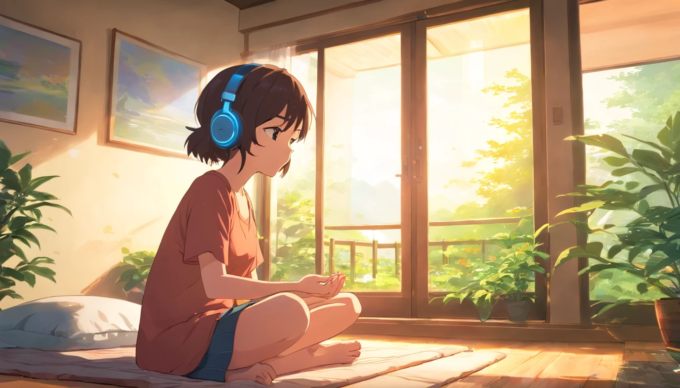 Girl wearing headphones, Meditating, Open Window, Bedroom, tranquil ambiance, Soft sunlight, Cozy atmosphere, Relaxing music, Serene expression, Closed eyes, comfortable seating, wooden floor, floral curtains, Green plants, Natural breeze, Calm atmosphere, the soft light, serene environment, stillness, Harmony, inner peace, deep relaxation, Soothing colors, positive energy, Mindfulness, Solitude, introspective, The inner journey, peacful, Escape the outside world