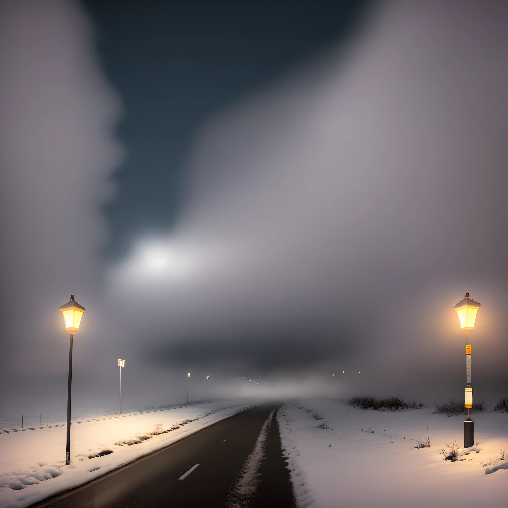 A road with intense fog intense snow storm traditional 90's lamp on the roadside glowing out brightly liminal space vibes hyper realistic ultra hd highly detailed Night time pitch black skies no human population