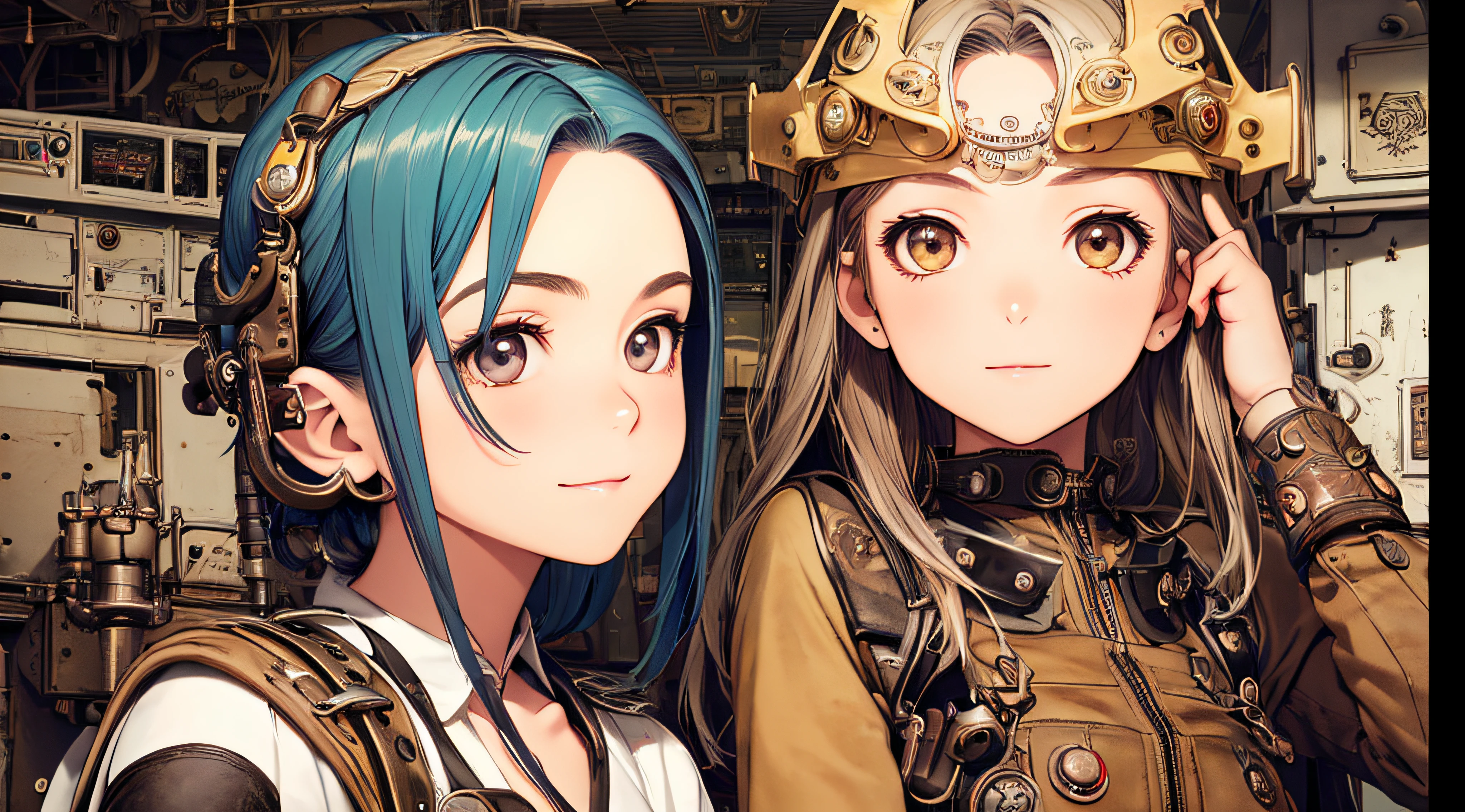 steampunk, two women, sitting in cockpit of world war 2 era fighter airplane, overalls, (((Masterpiece))), ((((Best quality)))), (((Ultra-detailed))), (CG illustration), ((Extremely delicate and beautiful)),(Cute and delicate face),Cinematic light,smiling, (Character focus), rainbow highlights, (geometric:1.2), decorative head decorations, range murata, last exile anime style, hair decorations, cleavage