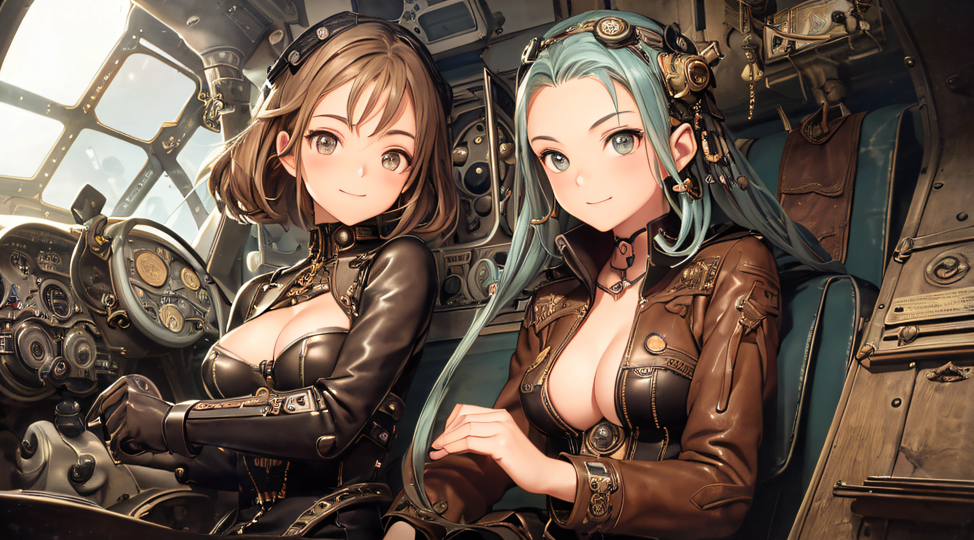 steampunk, two women, sitting in cockpit of world war 2 era fighter airplane, revealing leather clothing, (((Masterpiece))), ((((Best quality)))), (((Ultra-detailed))), (CG illustration), ((Extremely delicate and beautiful)),(Cute and delicate face),Cinematic light,smiling, (Character focus), rainbow highlights, (geometric:1.2), decorative head decorations, range murata, last exile anime style, hair decorations, cleavage