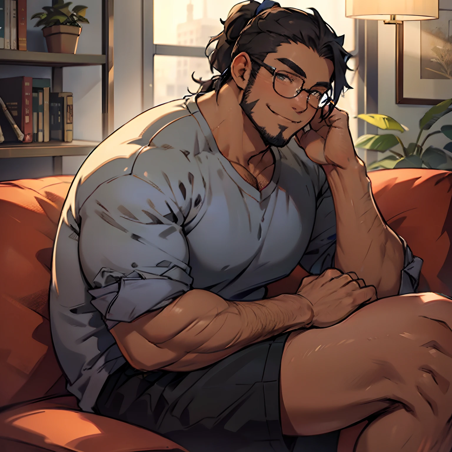 mature adult Black man, dark skin, chubby, causal clothes, glasses, big pecs, corded hair in a ponytail, short beard, loving smile, gentle expression, indoors, sitting down on a couch, side shot, perfect hands, perfect symmetric eyes, detailed eyes, hairy body, intricate details