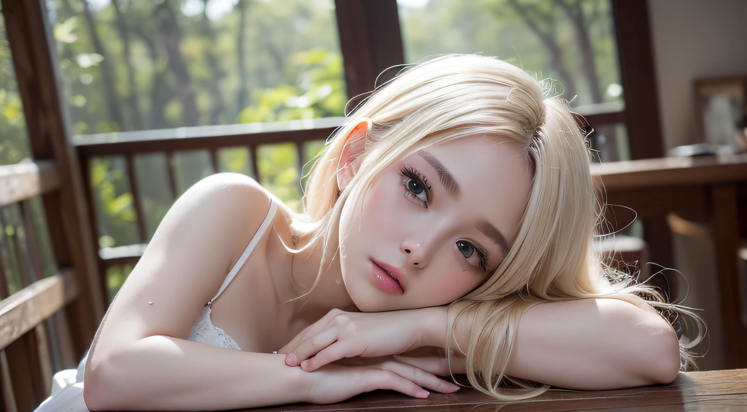 (sleeping posture)、(One girl)、House in the forest、View from outside the window、(Downcast eyes:1.5)、Raw photography、(((Portrait of extreme beauty) ))、The upper part of the body、((Glossy glossy skin))、20 year old cute beauty、((Glossy bright platinum blonde) )、((masterpiece、top-quality、ultra-detailliert、A light、intricate-detail、hight resolution、8K、ighly detailed))、细致背景、8K UHD、hightquality、Shallow depth of field、natural soft light、(perfect hand)、Puritanism