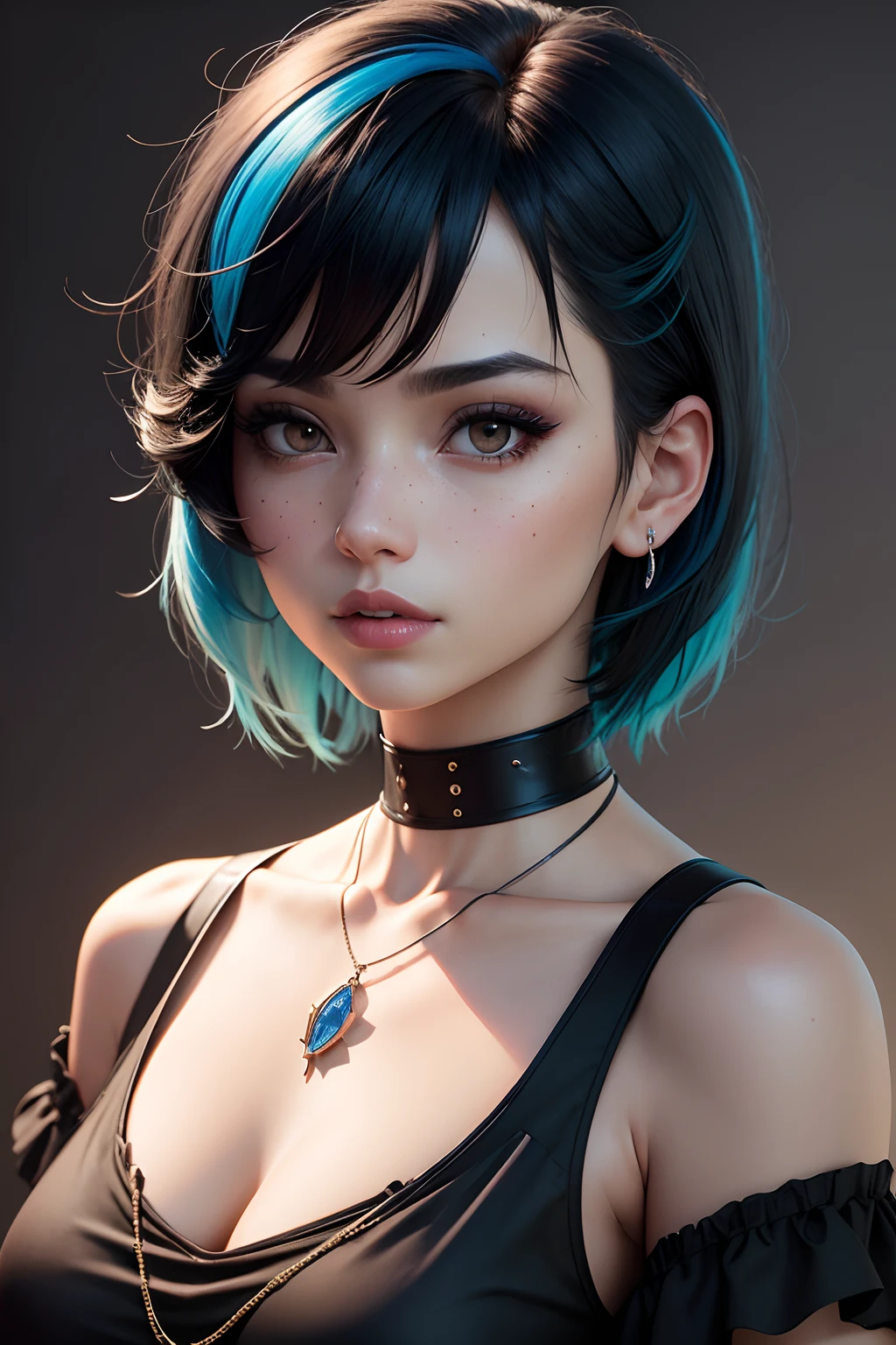 masutepiece, Best Quality,。.3D Lending Works ,。.3DMM Style,close-up,Portrait, 。.3D,1girl in, Solo, multicolored hair, Blue hair, Black hair, Necklace, freckle, Jewelry, Two-tone hair, Looking to the side, Realistic, Upper body, Simple background, Bangs, Looking away, Short hair, Parted lips, Black eyes, Lips, Gothic, Choker, makeup, Mole, Black shirt, Shirt, watermarked
