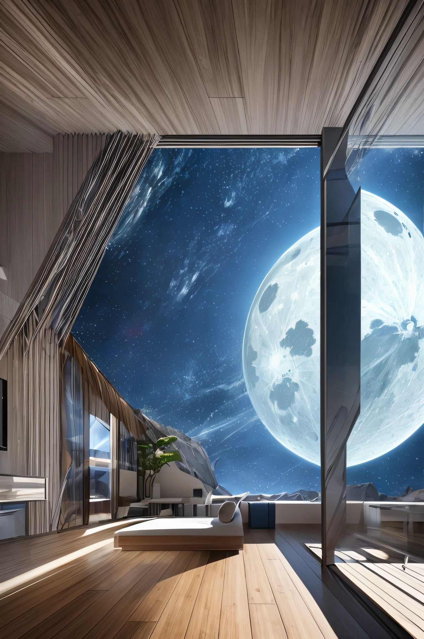 Alafid view from bedroom with bed and large window, surreal sci fi set design, sci - fi setting, sci - fi setting, sci - fi setting, Futuristic setting, scifi room, sci - fi setting, Futuristic room, apartment building on the moon, scifi aesthetic, beautiful space, Sci-fi scenery, science fiction scene