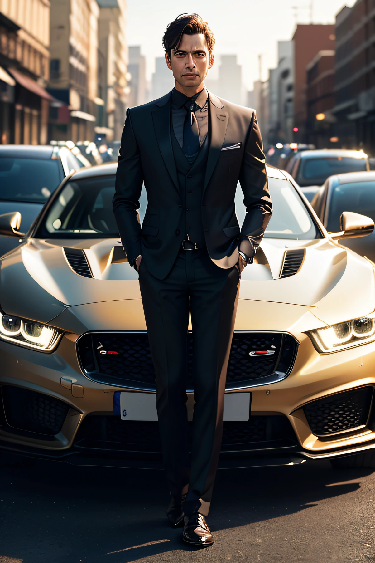 Generates an image of a successful businessman standing in front of a row of shiny, glittering luxury cars