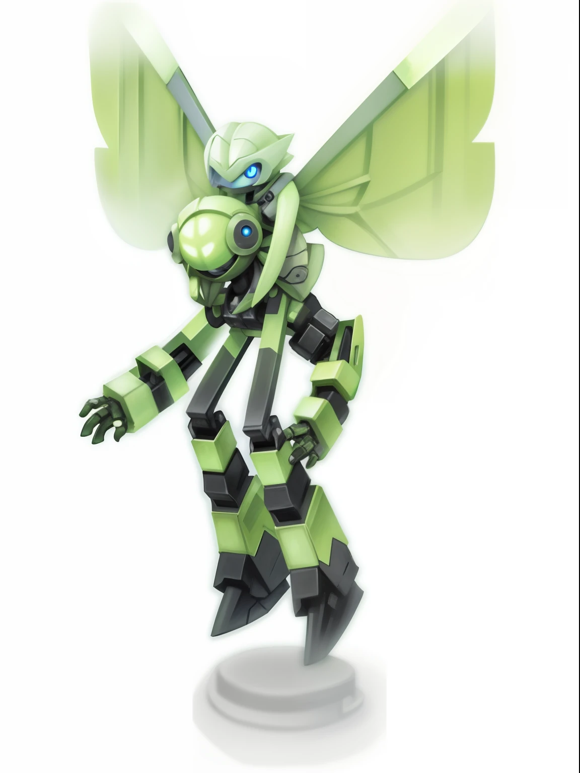 (butterfly mechanic wings, green and black body), cartoon robot character in a basil garden with vvid colors and sharp focus (Pixar 3D-style), ultra-detailed eyes, and face.