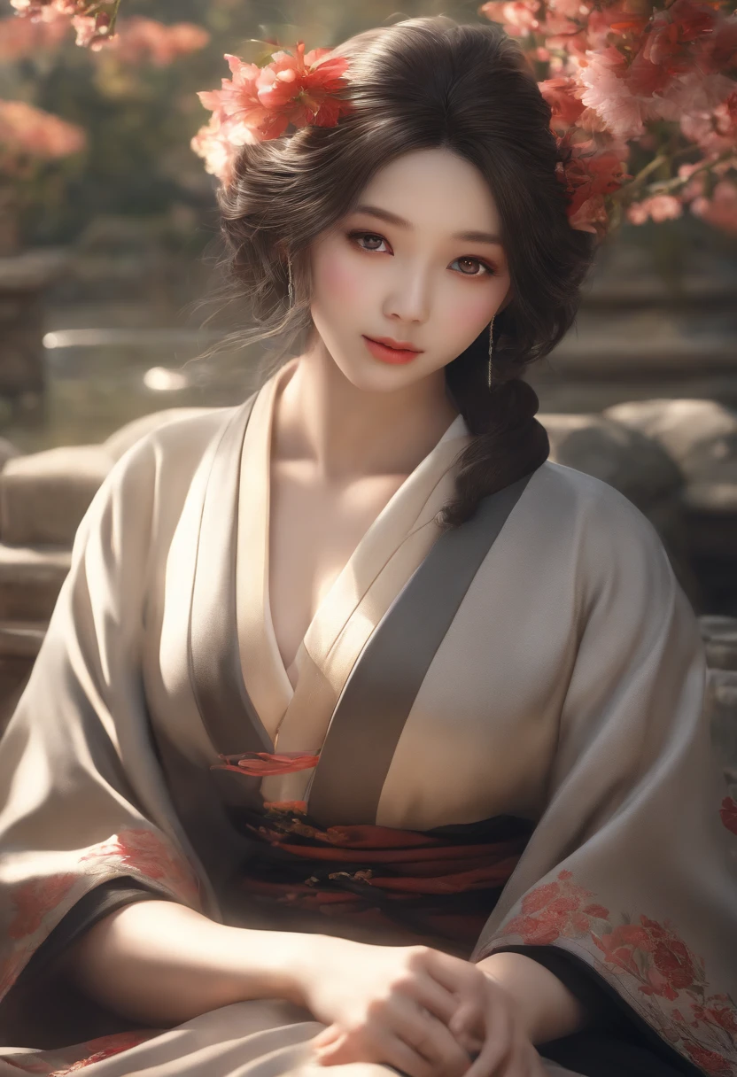(Photorealsitic:1.4), (Top image quality:1.0), (超A high resolution:1.0), 8K, RAW photography, (tmasterpiece:0.2), (PureErosFace_V1:0.5)、(best quality detail:1.2)、hentail realism、8K Ultra HD、A high resolution、(1girl in:1.2)、The ultra-detailliert、High quality textures、intricately details、detaileds、Very detailed CG、High quality shadows、Detail Beautiful delicate face、Detail Beautiful delicate eyes、depth of fields、Ray traching,1girl in, japanaese girl, Cute, Slender, black kimono, kimono with Japanese pattern,Floral curls, Beautiful skin, facing the front there,Sit down, Sit up straight and say thank you,Align your hands gracefully,A faint smile The land of Japan,Japanese Garden,Deluxe Japanese-style room, skyporn, magic hour, (Realistic:1.3), finely detailed, quality, (masutepiece:1.2), (Photorealistic:1.2), (Best quality), (Exposed breasts),(Slightly exposed panties),(Intricate details), Dramatic, Ray tracing, photographed, +Lola