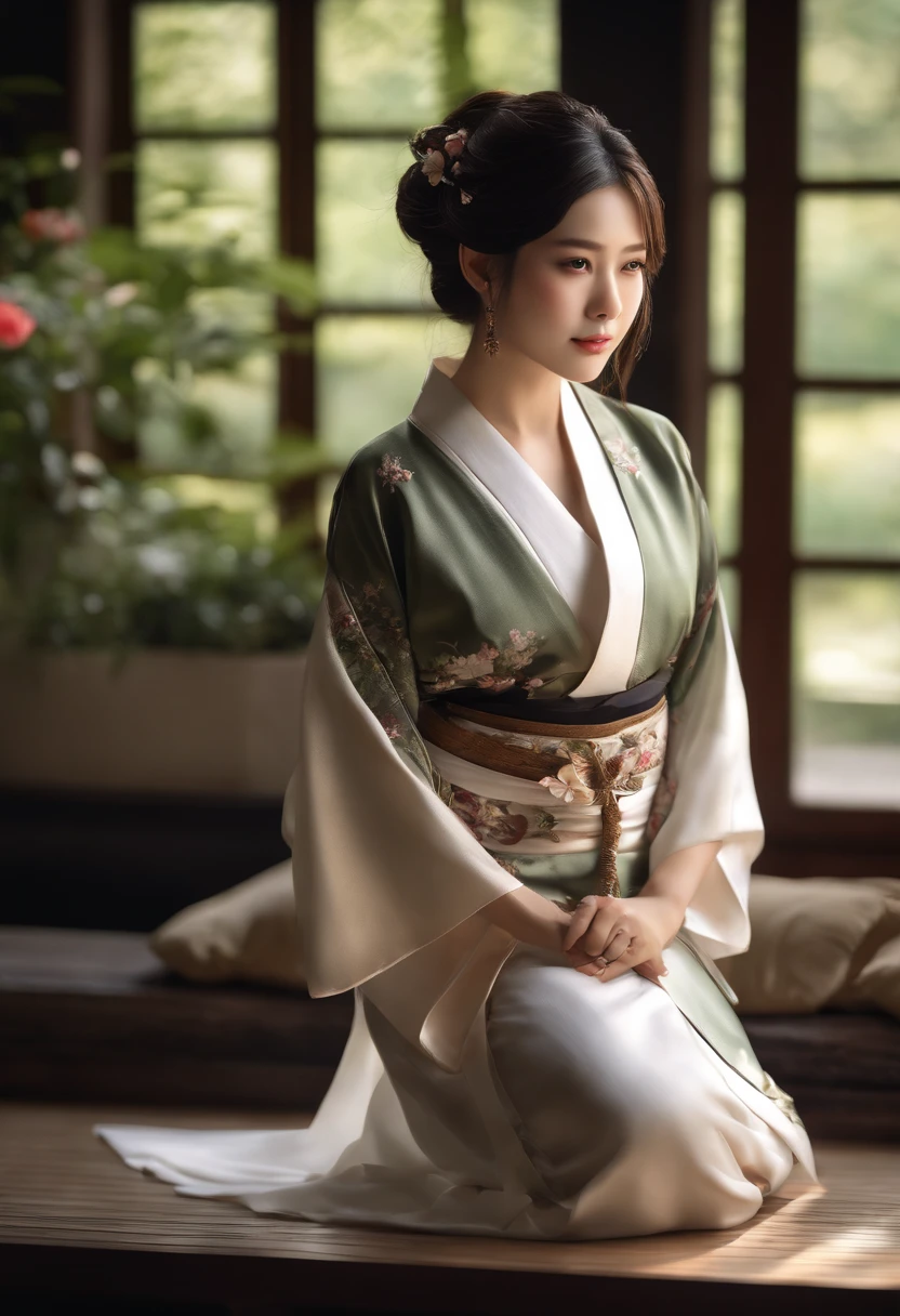 (Photorealsitic:1.4), (Top image quality:1.0), (超A high resolution:1.0), 8K, RAW photography, (tmasterpiece:0.2), (PureErosFace_V1:0.5)、(best quality detail:1.2)、hentail realism、8K Ultra HD、A high resolution、(1girl in:1.2)、The ultra-detailliert、High quality textures、intricately details、detaileds、Very detailed CG、High quality shadows、Detail Beautiful delicate face、Detail Beautiful delicate eyes、depth of fields、Ray traching,1girl in, japanaese girl, Cute, Slender, black kimono, kimono with Japanese pattern,Floral curls, Beautiful skin, facing the front there,Sit down, Sit up straight and say thank you,Align your hands gracefully,A faint smile The land of Japan,Japanese Garden,Deluxe Japanese-style room, skyporn, magic hour, (Realistic:1.3), finely detailed, quality, (masutepiece:1.2), (Photorealistic:1.2), (Best quality), (Exposed breasts),(Slightly exposed panties),(Intricate details), Dramatic, Ray tracing, photographed, +Lola