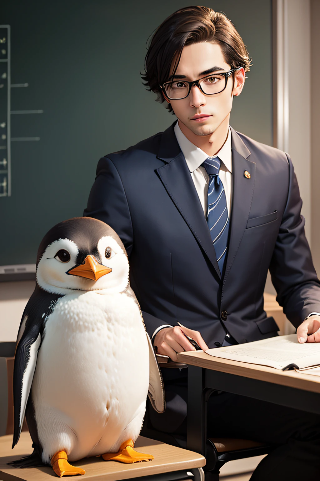 s Office,A smart-looking penguin and a kind male teacher are sitting,Teaching study