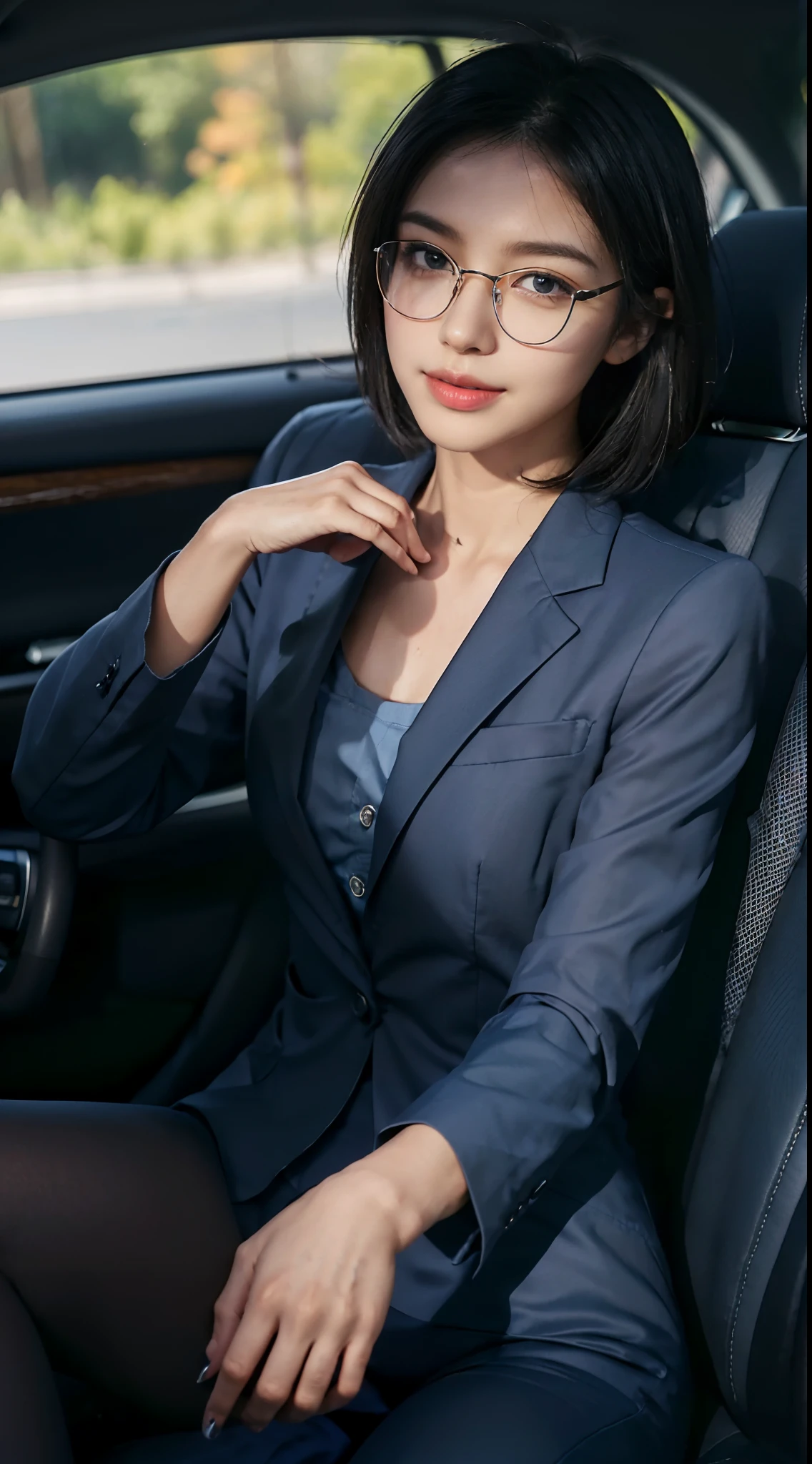 ((Small underboob)), (shoulder length straight short hair:1.0), Black hair,Upper body, （Extremely meticulous CG 8k wallpaper），（Extremely refined and beautiful），（Masterpiece），（best qualtiy：1.0），（Ultra High Resolution：1.0），beautiful light up，Perfect lightning，realistic shaded，[A high resolution]，Smooth and flawless fair skin，Extremely exquisite facial details，（perfect body：1.1），ultra - detailed，A beautiful girl，small head,glasses,(Small breasts:1.1)，Flat chests，slim，thin，Smile，cheerfulness，(dark blue suit:1.5),(light blue shirt:1.3),(pantyhose:1.5），autumn，Morning,in a spacious private car,A female driver,(Kneeling on the seat seat:1.5),(steering wheel:1.5),intently driving car,safety belt,Shot,(cowboy shot:1.3),as if the camera is on the passenger seat,(Portrait above chest level:1.3),looking straight ahead,
