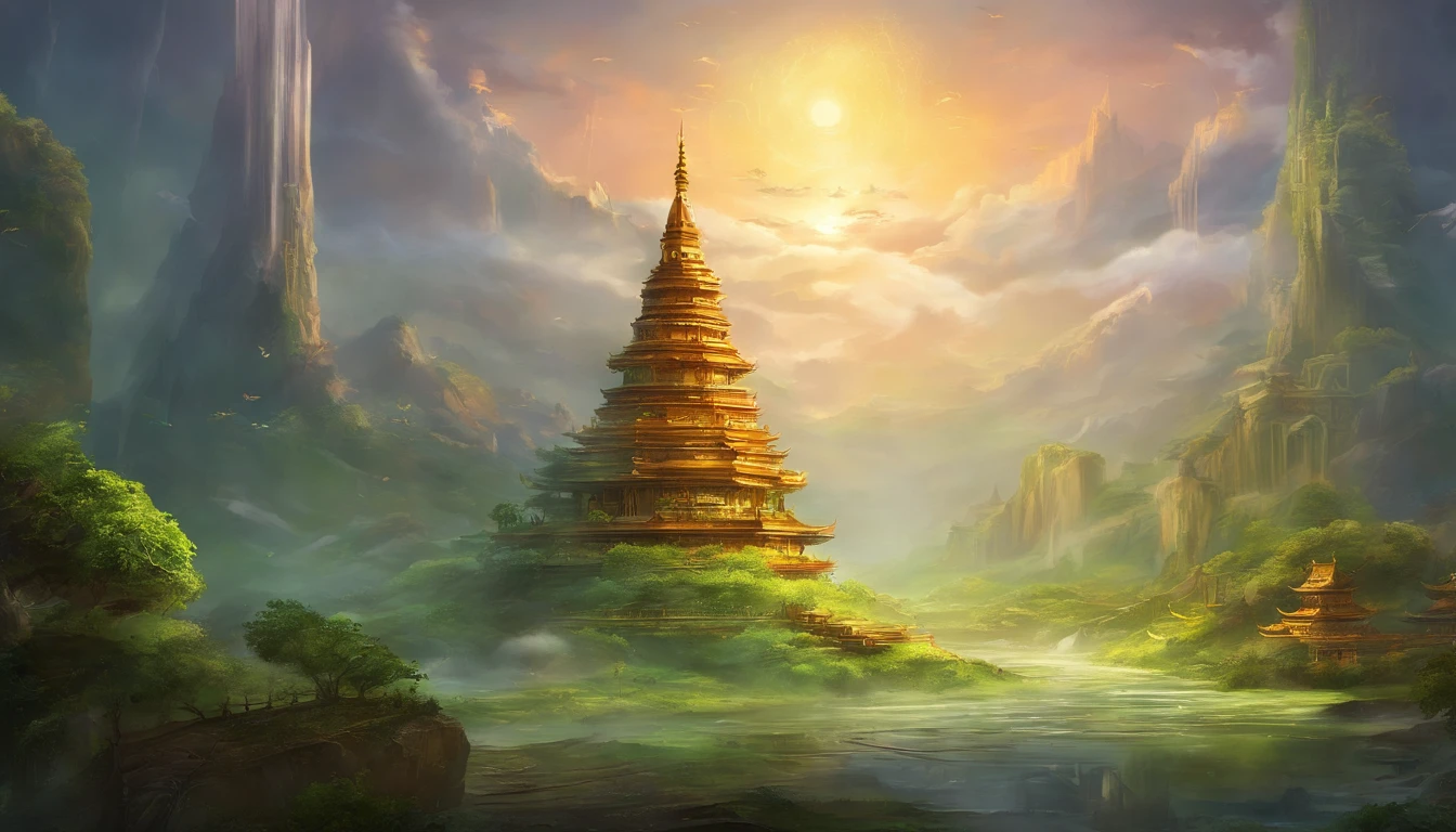 Depict an ancient spiritual Buddhist setting where delicate sprouts are damaged by sudden hail and rain. The background should feature a peaceful temple, symbolizing the serenity before life's storms.