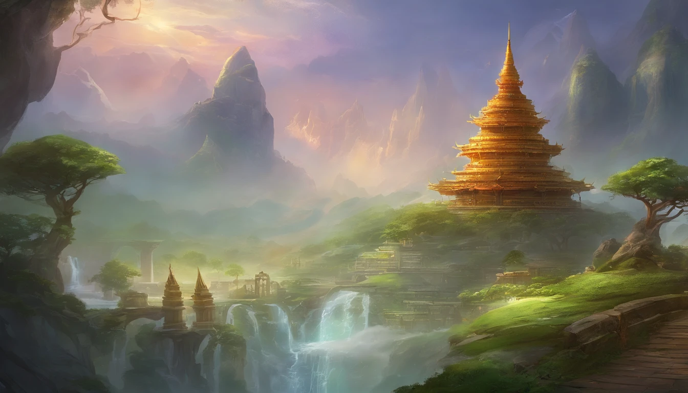 Depict an ancient spiritual Buddhist setting where delicate sprouts are damaged by sudden hail and rain. The background should feature a peaceful temple, symbolizing the serenity before life's storms.