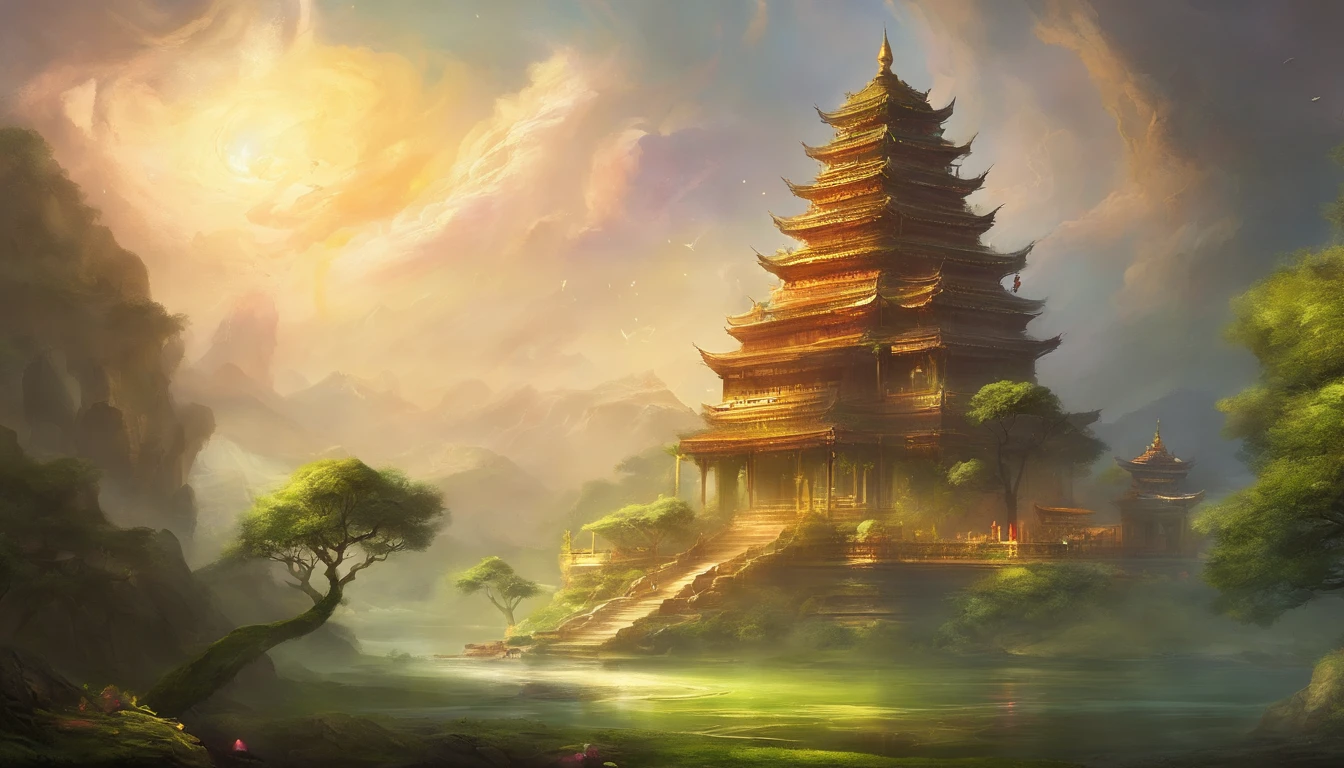 Depict an ancient spiritual Buddhist setting where delicate sprouts are damaged by sudden hail and rain. The background should feature a peaceful temple, symbolizing the serenity before life's storms.
