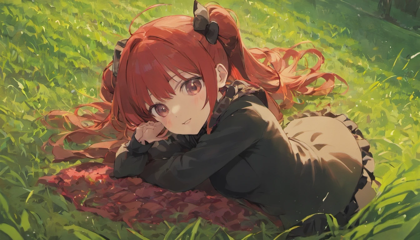 Masterpiece, Best quality, Femonica, hair-bun, Braid, Red bow, Black jacket, Black skirt, Red pantyhose, Upper body, From above, lay on back, Grass, view the viewer, Tired, Smile, sonoko