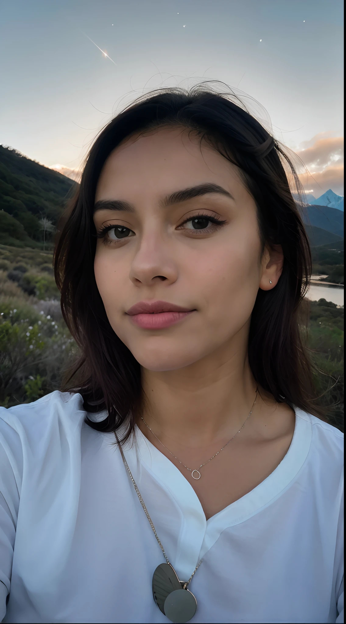 fotorrealista, La mejor calidad, hiper detallado, beautiful woman, Foto selfie, Parte superior del cuerpo, solamente, Uso de jersey, al aire libre, (Noche), Mountains, Naturaleza de la vida real, Estrellas, luna, (alegre, feliz), bosque, Rocas, Kali, madera, humo, diente, cielo despejado, analog style, Mirando al espectador, textura de la piel, Film grain, cerrar, ultra-high-resolution, Mejor sombra,