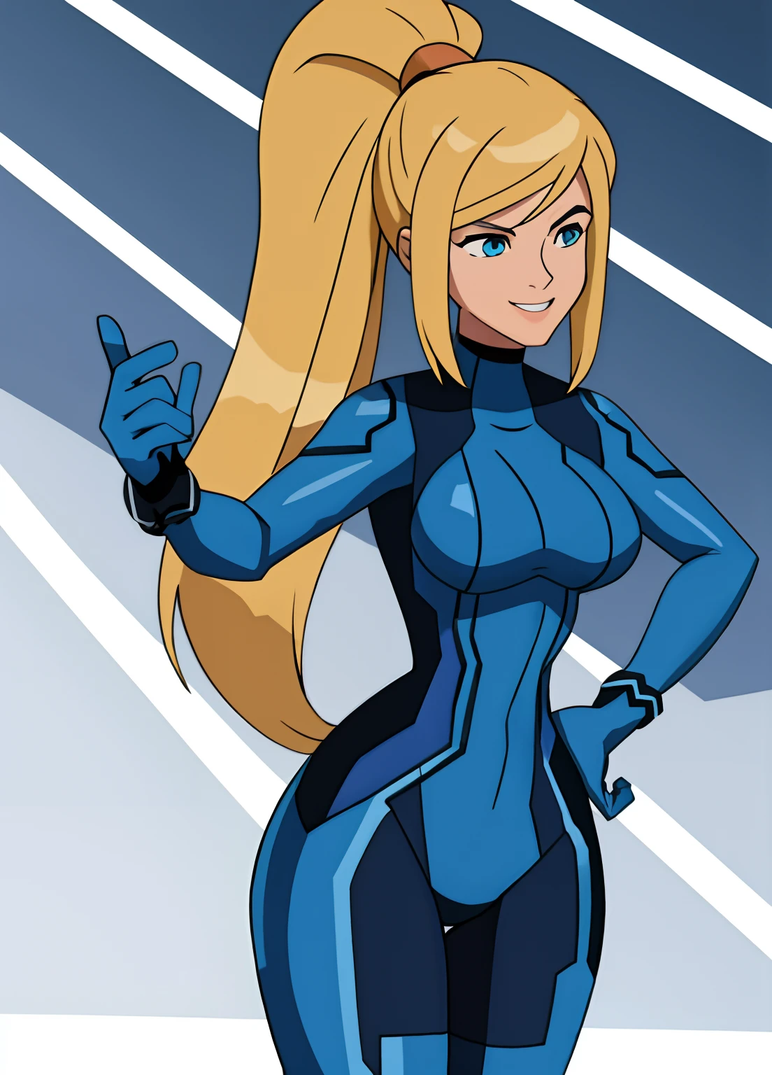 samus aran, ponytail, hair tie, blue gloves, ((blue bodysuit)), high heels (masterpiece, best quality:1.4), (modern days), (cowboy shot), 1girl, solo, pov, stunning girlfriend, (standing:1.1), elegant face, beautiful face, highly detailed face, highly detailed skin, medium breast, smug smile, looking at viewer,16k hdr, curvy, hand to hip, ben10af