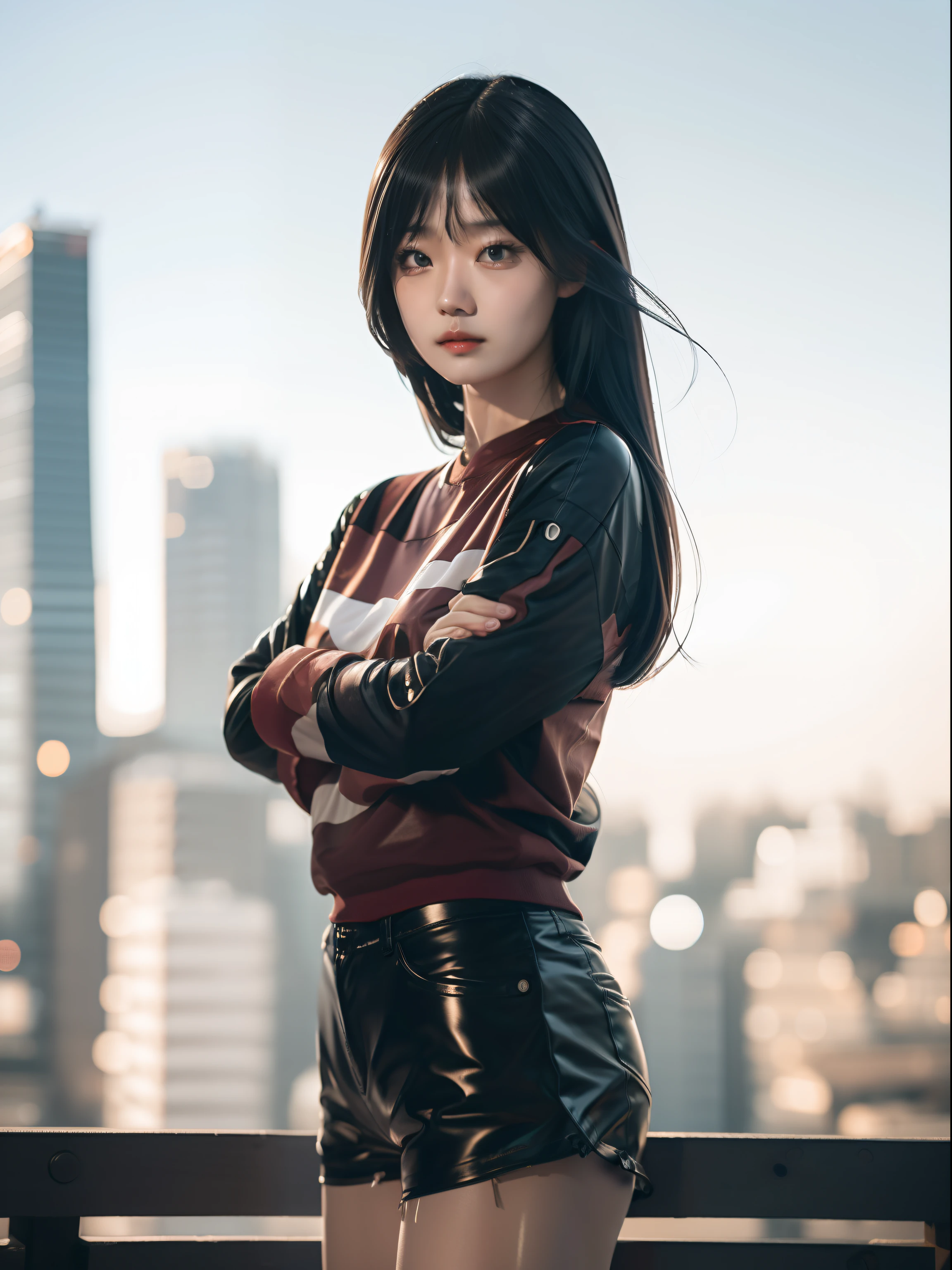 masutepiece,A hyper-realistic,32K,the Extremely Detailed CG Unity 8K Wallpapers, Best Quality,(1 Beautiful Japan Woman),bobhair,Dark heroine,Leather shorts,Thigh-length shorts,Blouse with horizontal stripes,Skin fit,(Very close-up of the face:1.1),a moon,(Film grain:1.2), (Film Overlay:1.3), On the roof of a building